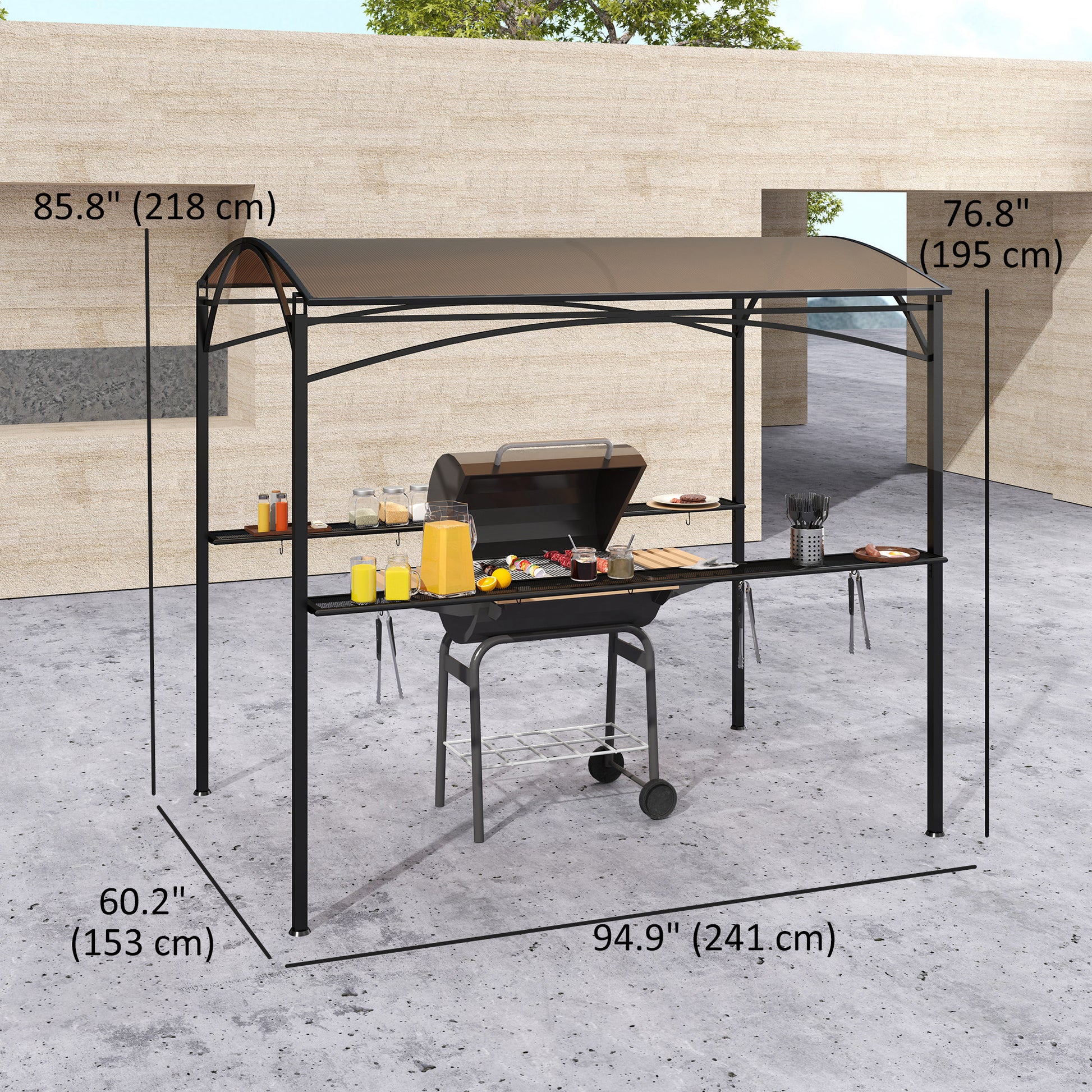 8' x 5' Hardtop Grill Gazebo - Brown PC Roof BBQ Canopy-DECOROLALA
