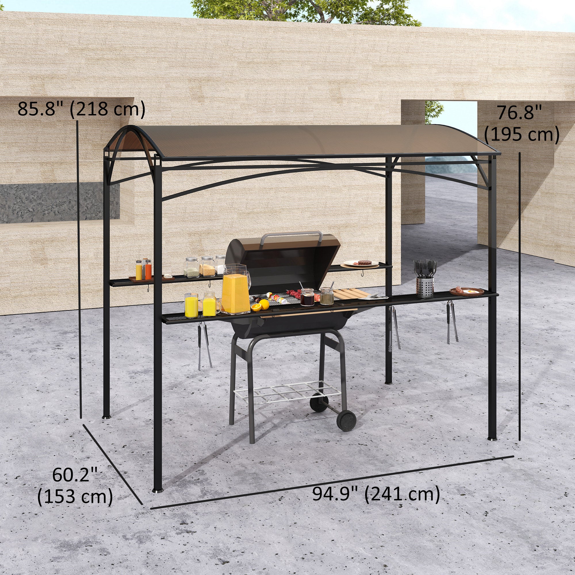 8' x 5' Hardtop Grill Gazebo - Brown PC Roof BBQ Canopy-DECOROLALA