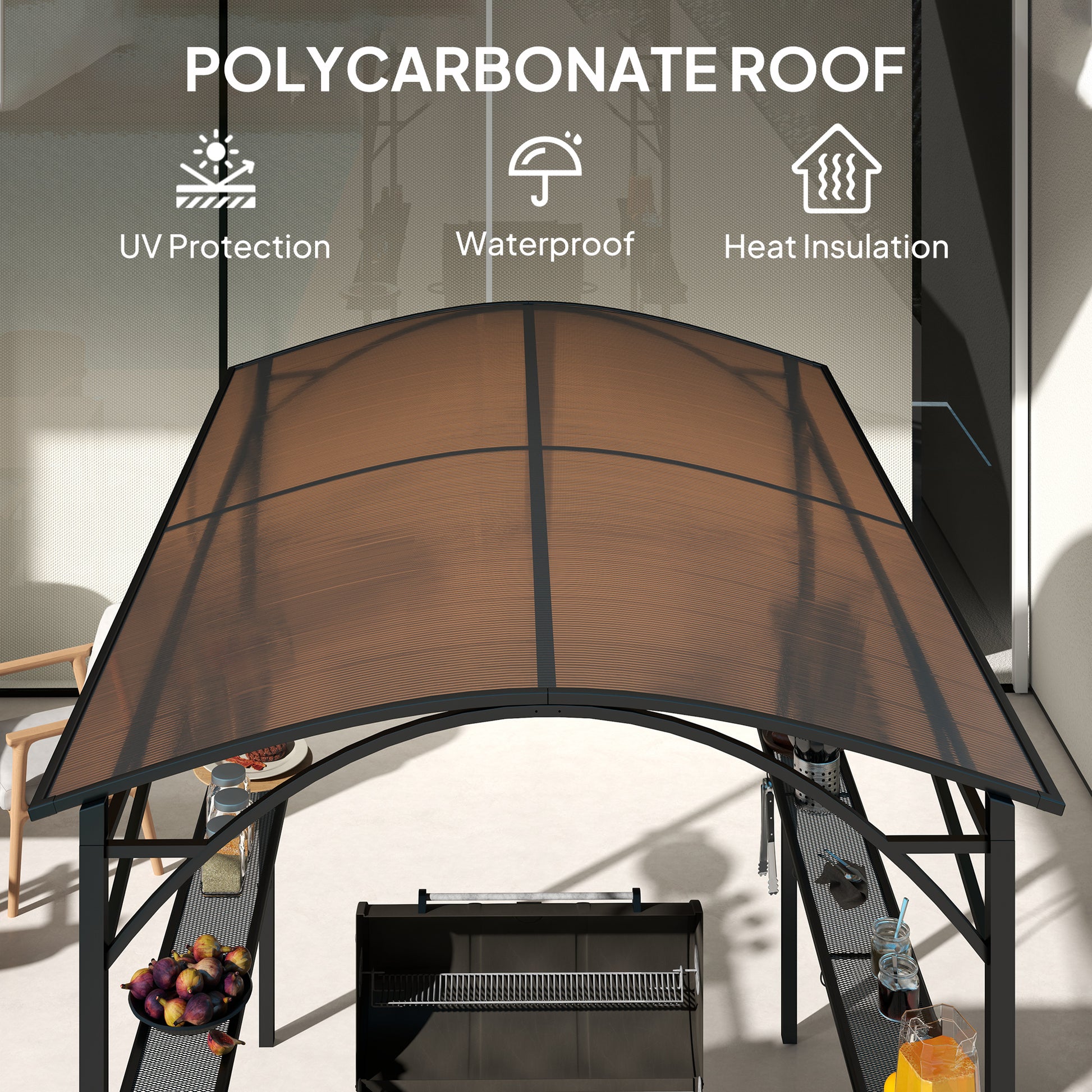 8' x 5' Hardtop Grill Gazebo - Brown PC Roof BBQ Canopy-DECOROLALA
