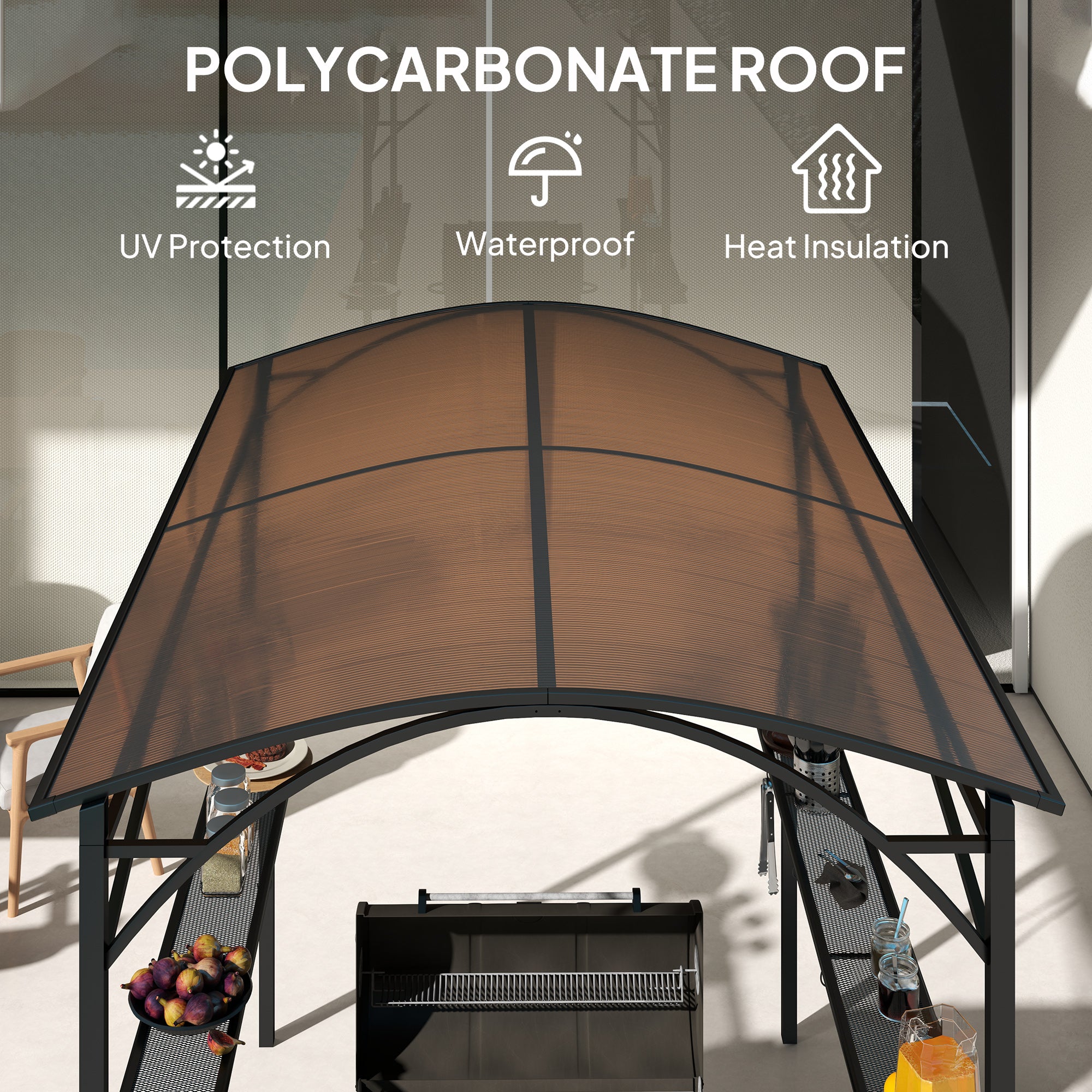8' x 5' Hardtop Grill Gazebo - Brown PC Roof BBQ Canopy-DECOROLALA