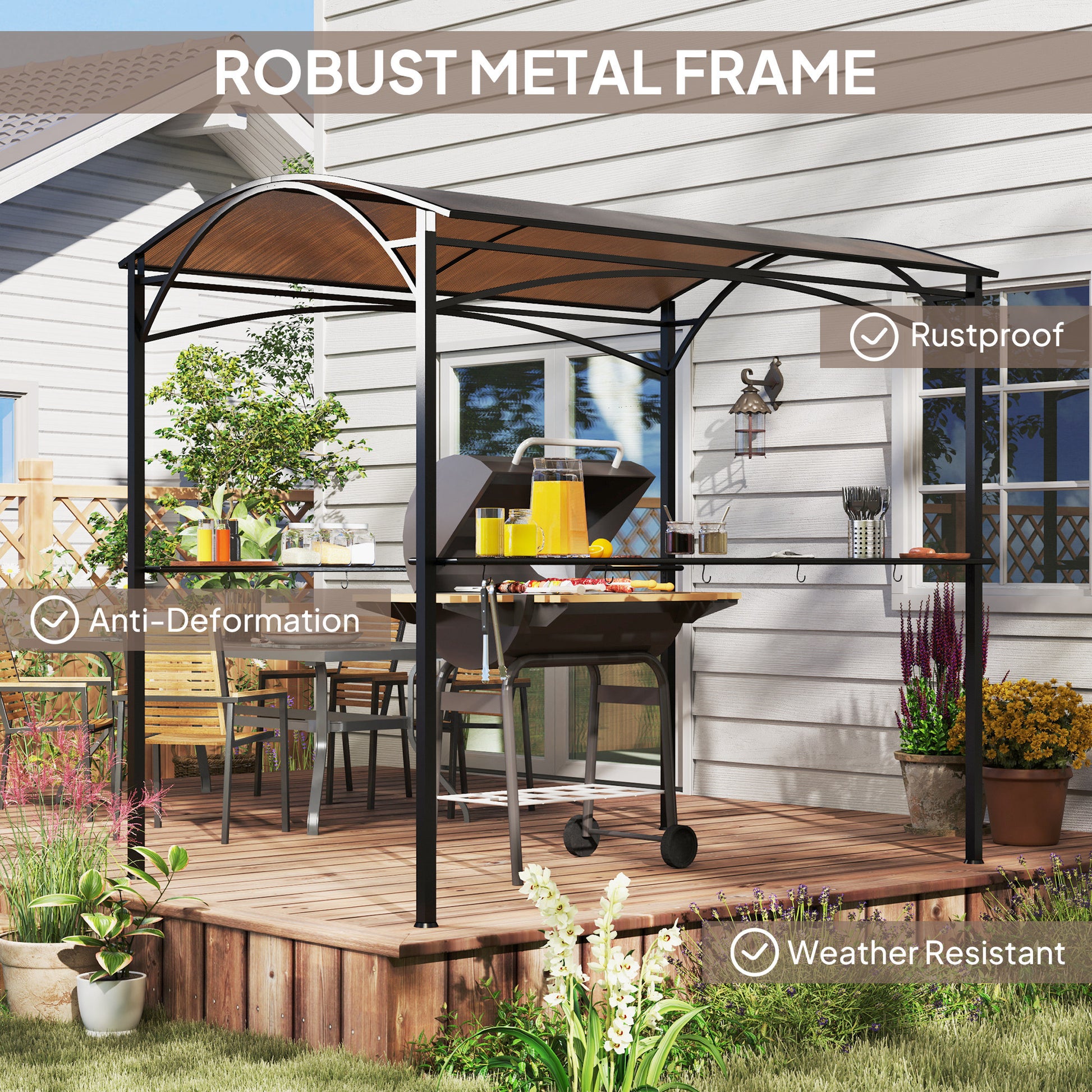 8' x 5' Hardtop Grill Gazebo - Brown PC Roof BBQ Canopy-DECOROLALA