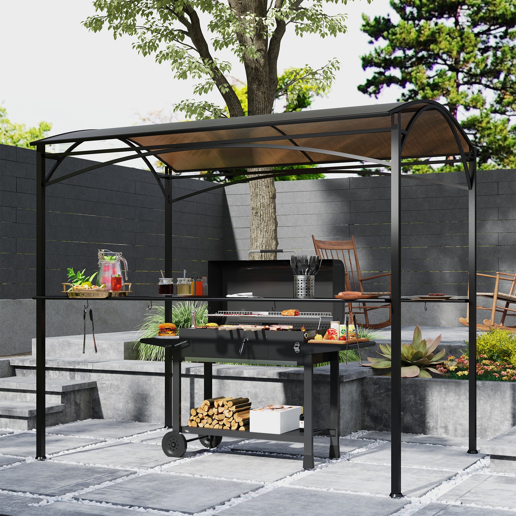 8' x 5' Hardtop Grill Gazebo - Brown PC Roof BBQ Canopy-DECOROLALA