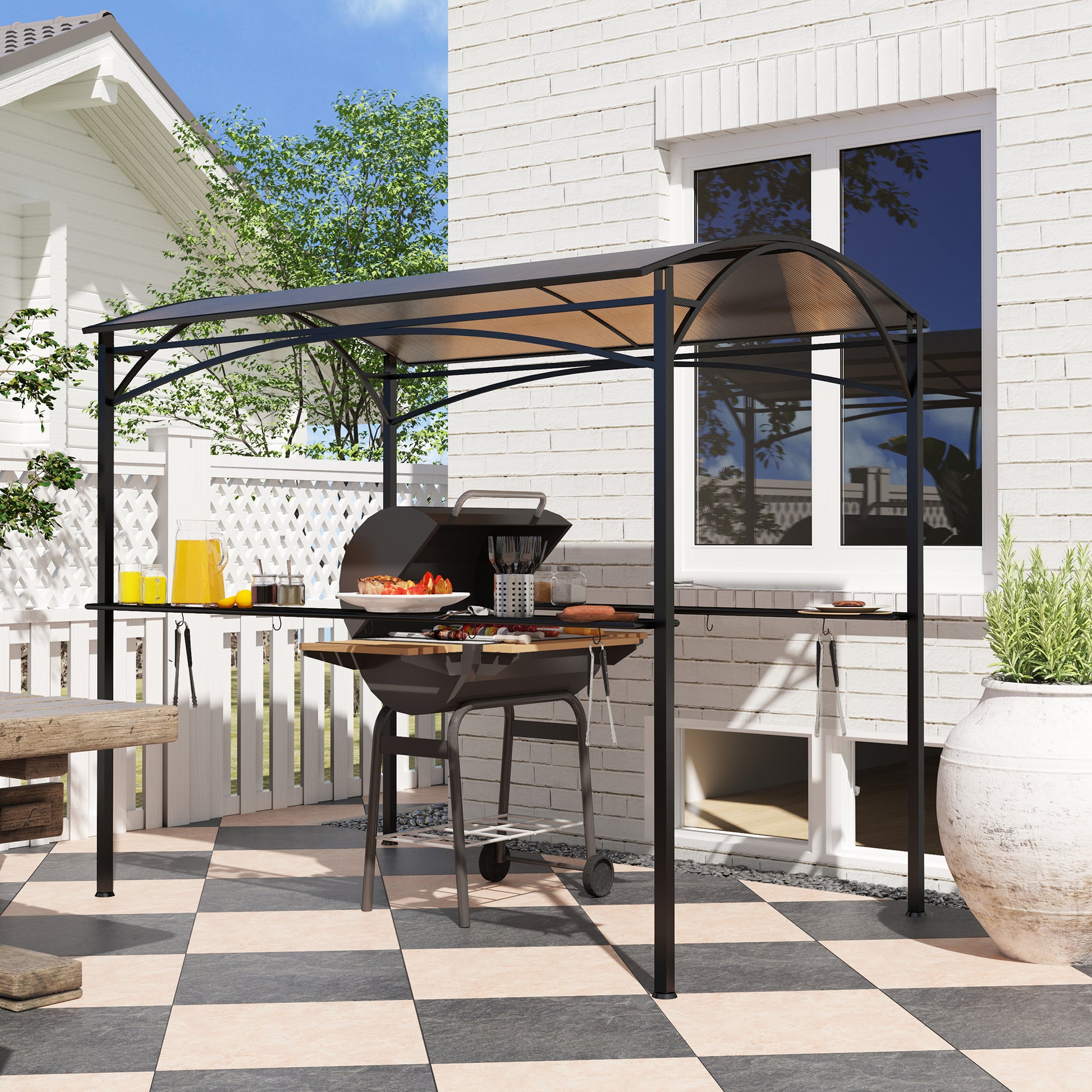 8' x 5' Hardtop Grill Gazebo - Brown PC Roof BBQ Canopy-DECOROLALA