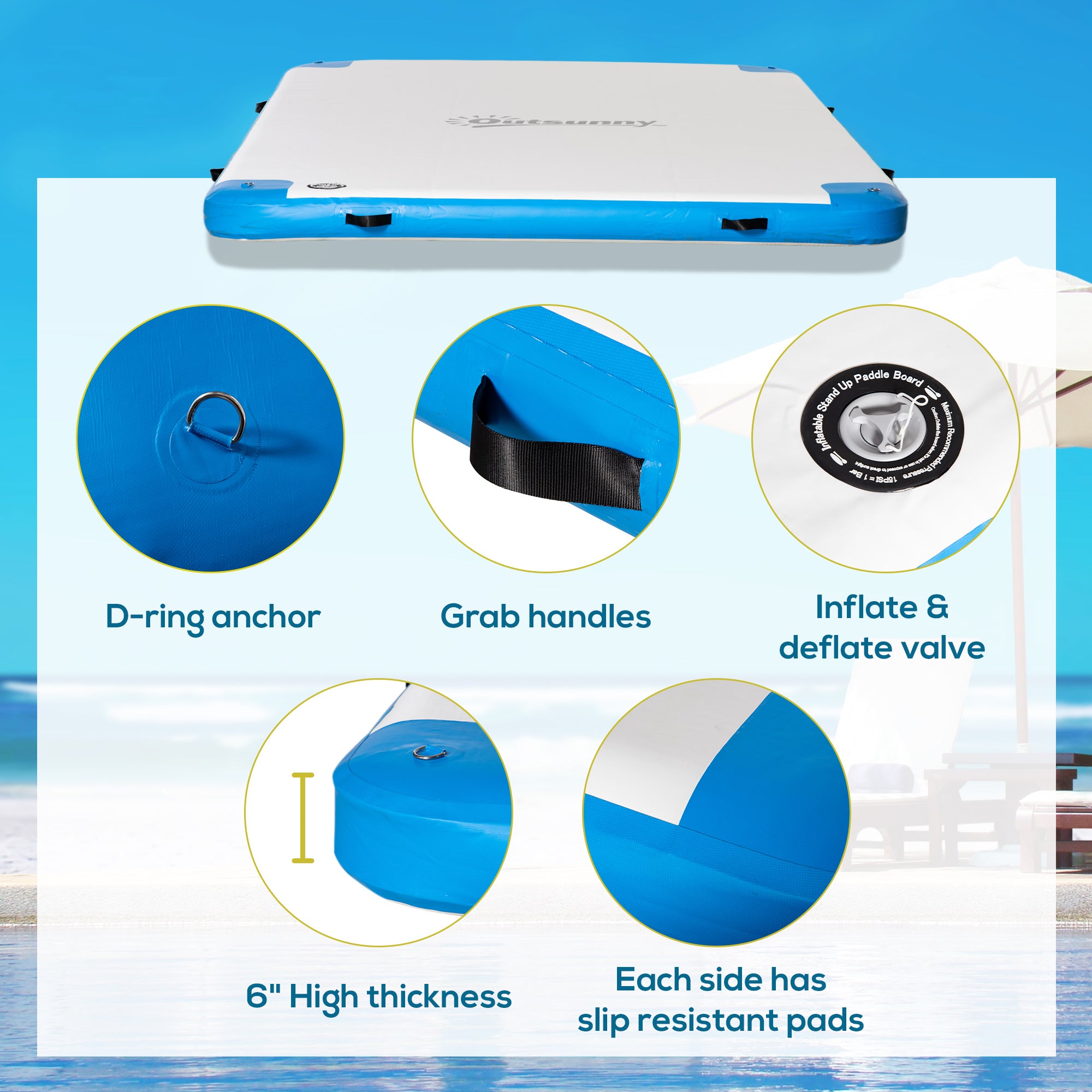8' x 6' Inflatable Water Floating Dock - Blue/White-DECOROLALA