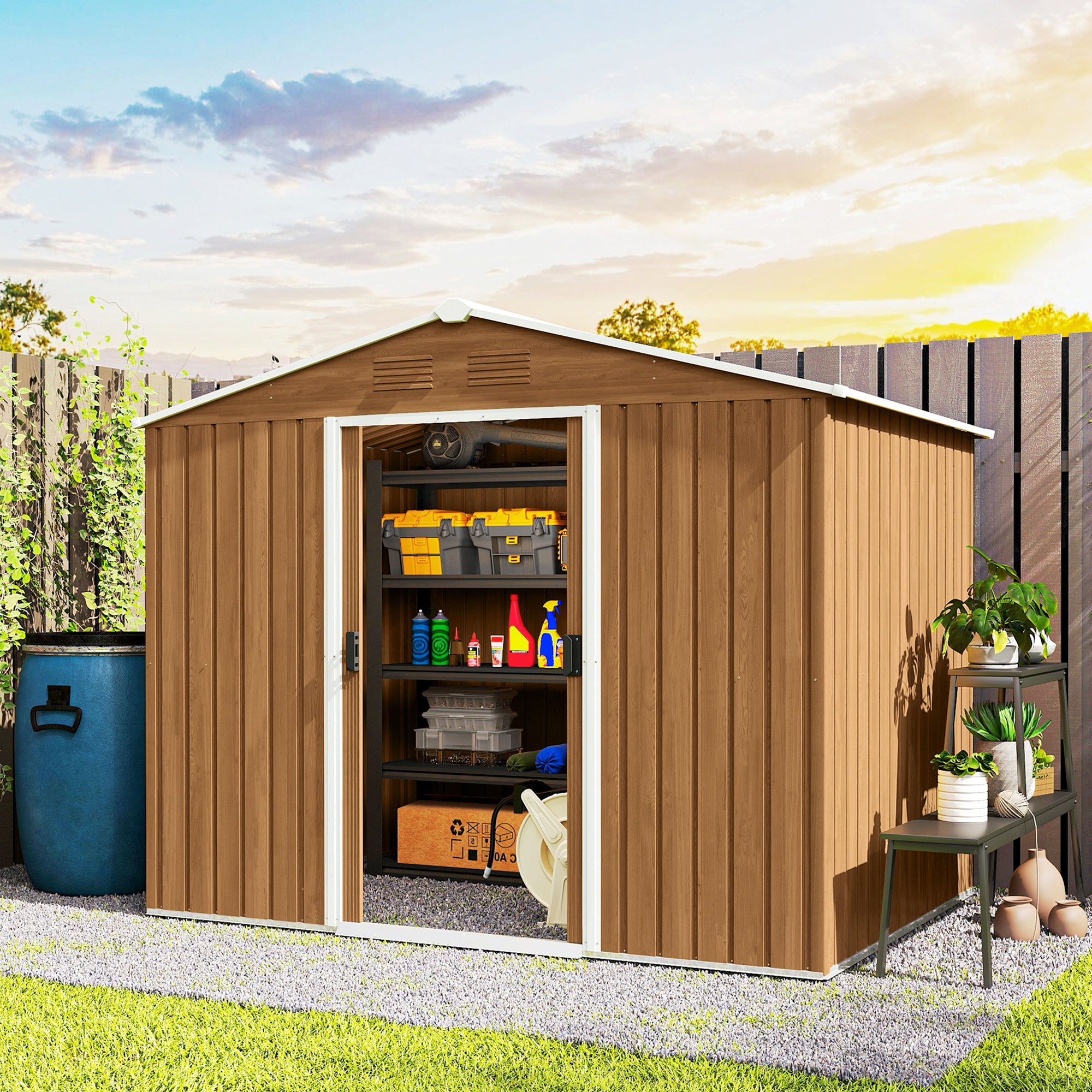 8' x 6' Metal Outdoor Storage Shed - Dark Brown-Patio & Garden > Lawn & Garden > Sheds-DECOROLALA