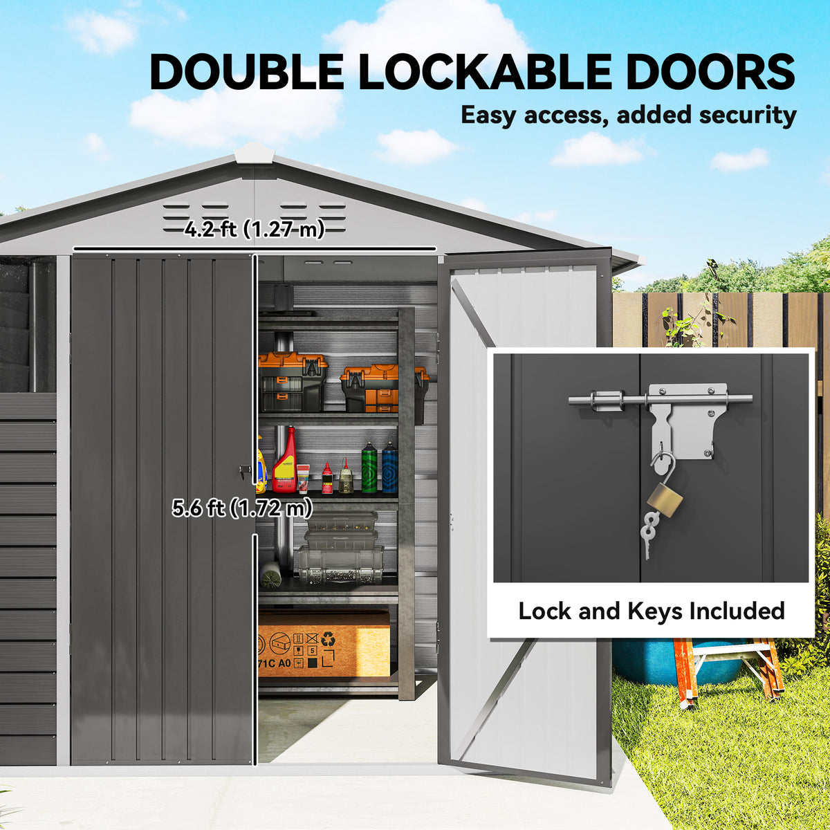 8' x 6' Metal Outdoor Storage Shed - Dark Grey-Storage Sheds-DECOROLALA