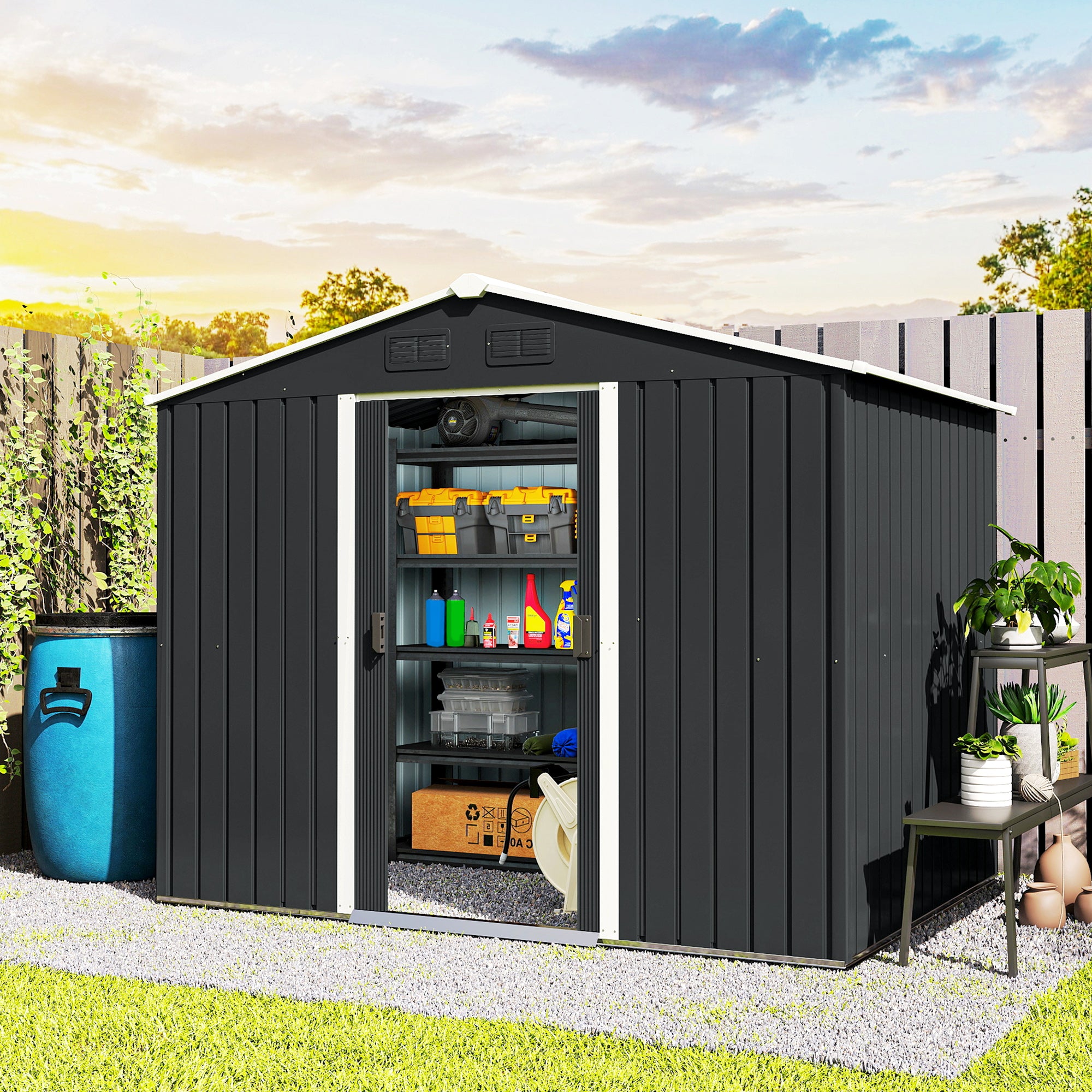 8' x 6' Outdoor Metal Storage Shed - Charcoal Grey-Patio & Garden > Lawn & Garden > Sheds-DECOROLALA