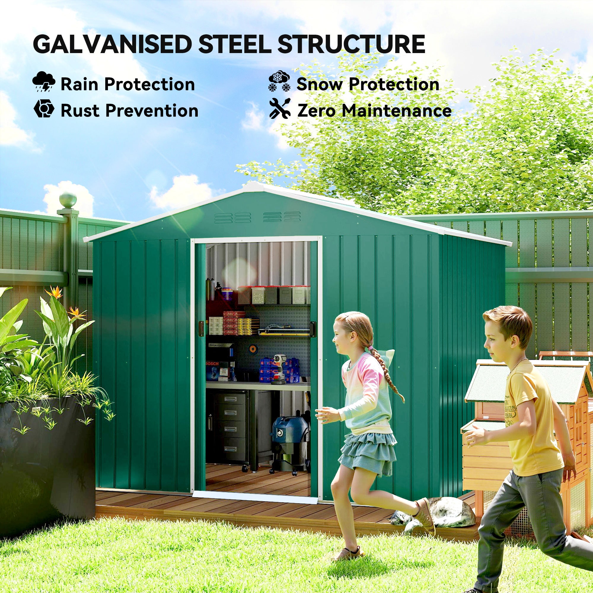 8' x 6' Outdoor Storage Shed - Green Galvanized Steel-Patio & Garden > Lawn & Garden > Sheds-DECOROLALA