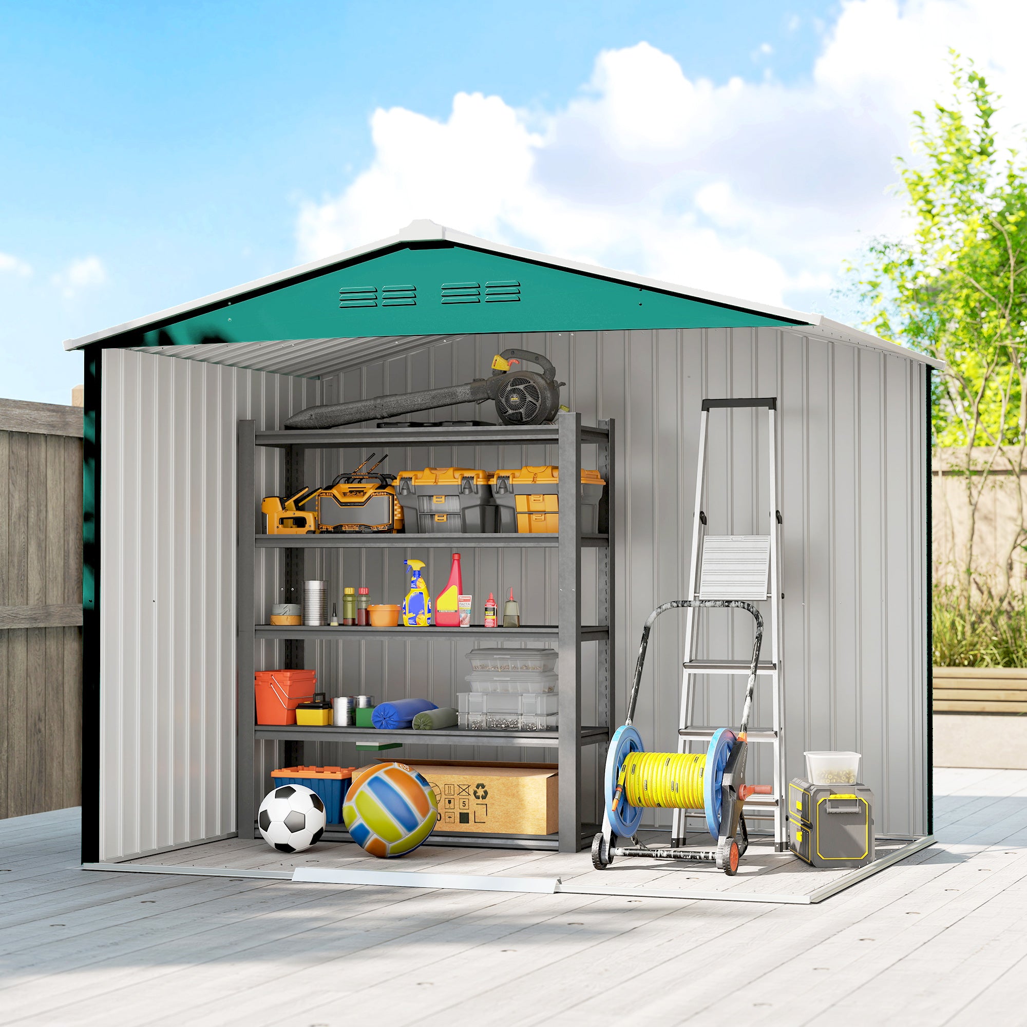 8' x 6' Outdoor Storage Shed - Green Galvanized Steel-Patio & Garden > Lawn & Garden > Sheds-DECOROLALA