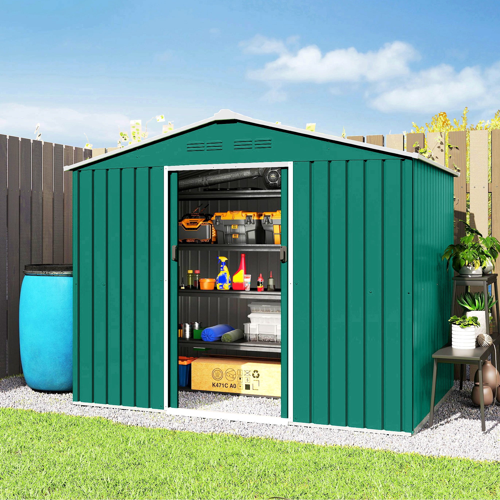8' x 6' Outdoor Storage Shed - Green Galvanized Steel-Patio & Garden > Lawn & Garden > Sheds-DECOROLALA