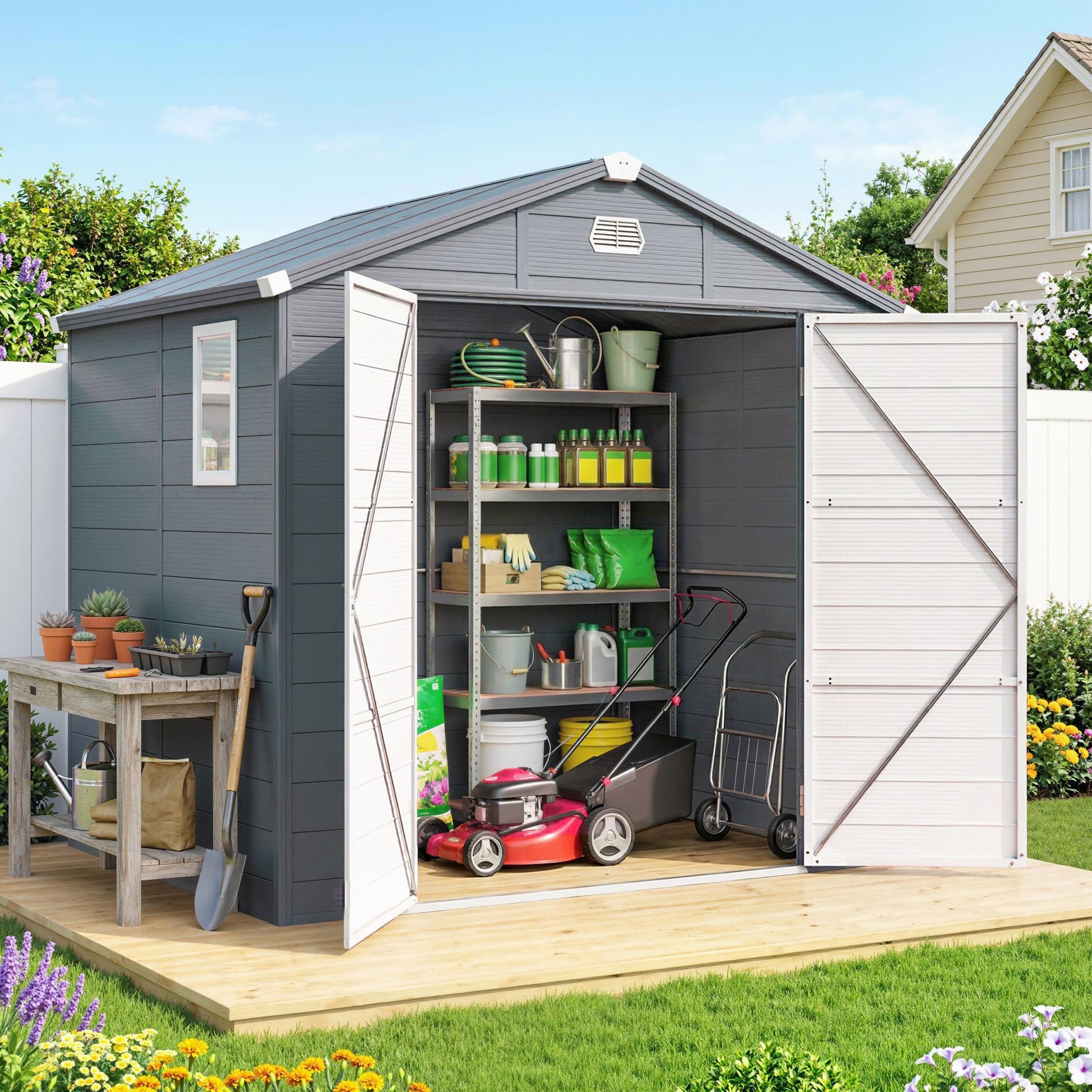 8' x 6' Plastic Garden Storage Shed - Dark Grey-Patio & Garden > Lawn & Garden > Sheds-DECOROLALA