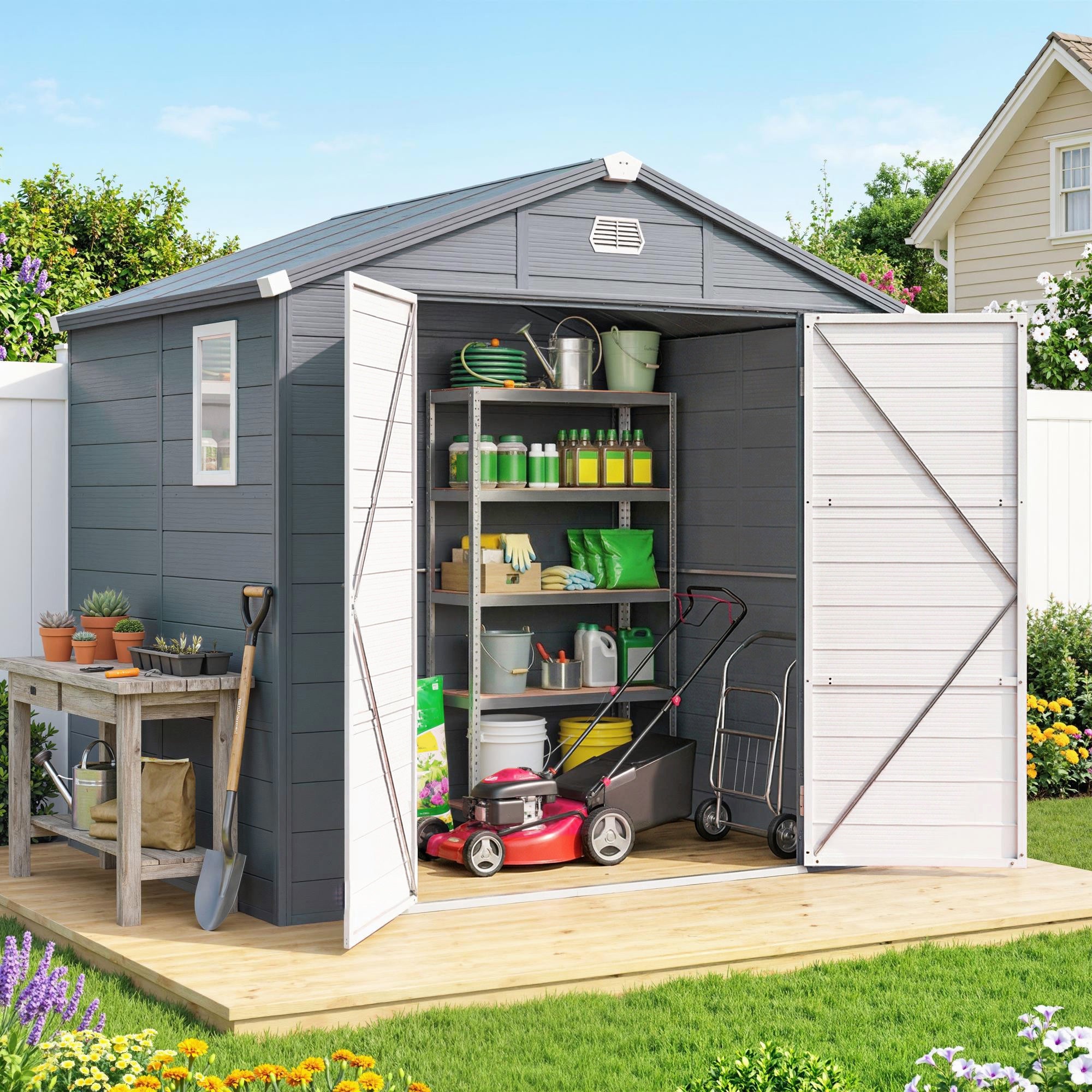 8' x 6' Plastic Garden Storage Shed - Dark Grey-Patio & Garden > Lawn & Garden > Sheds-DECOROLALA