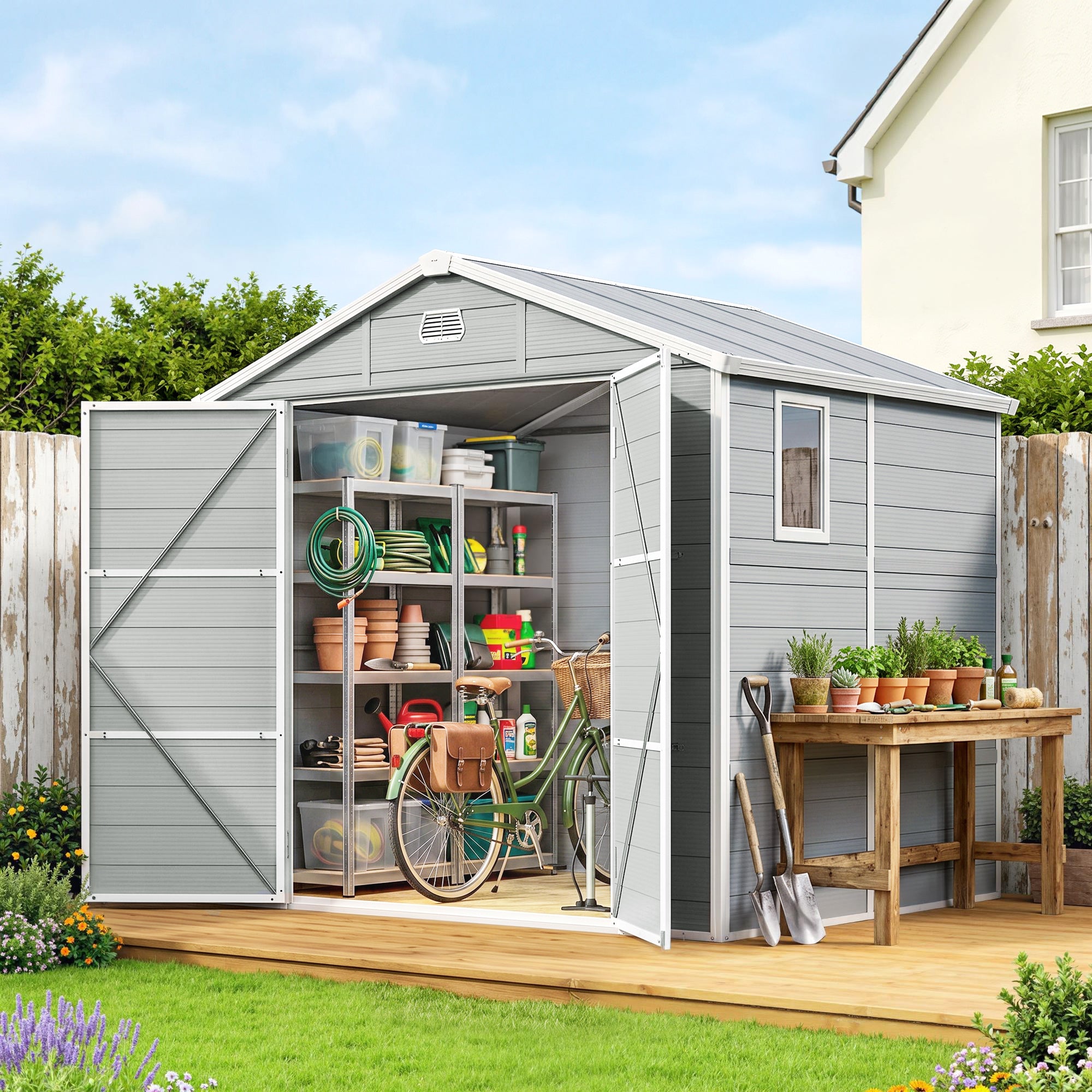 8' x 6' Plastic Garden Storage Shed - Light Grey-Patio & Garden > Lawn & Garden > Sheds-DECOROLALA
