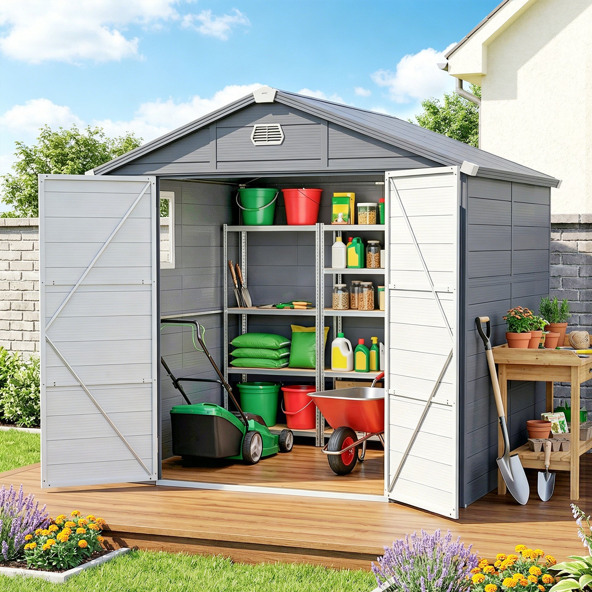 8' x 6' Plastic Garden Storage Shed with Window - Dark Grey-Patio & Garden > Lawn & Garden > Sheds-DECOROLALA