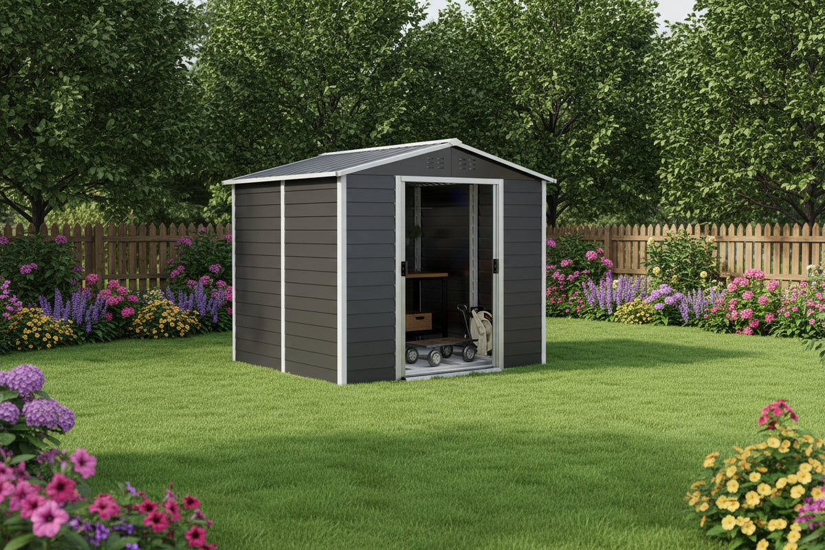 8' x 7' Outdoor Storage Shed - Dark Grey Galvanized Metal-Patio & Garden > Lawn & Garden > Sheds-DECOROLALA