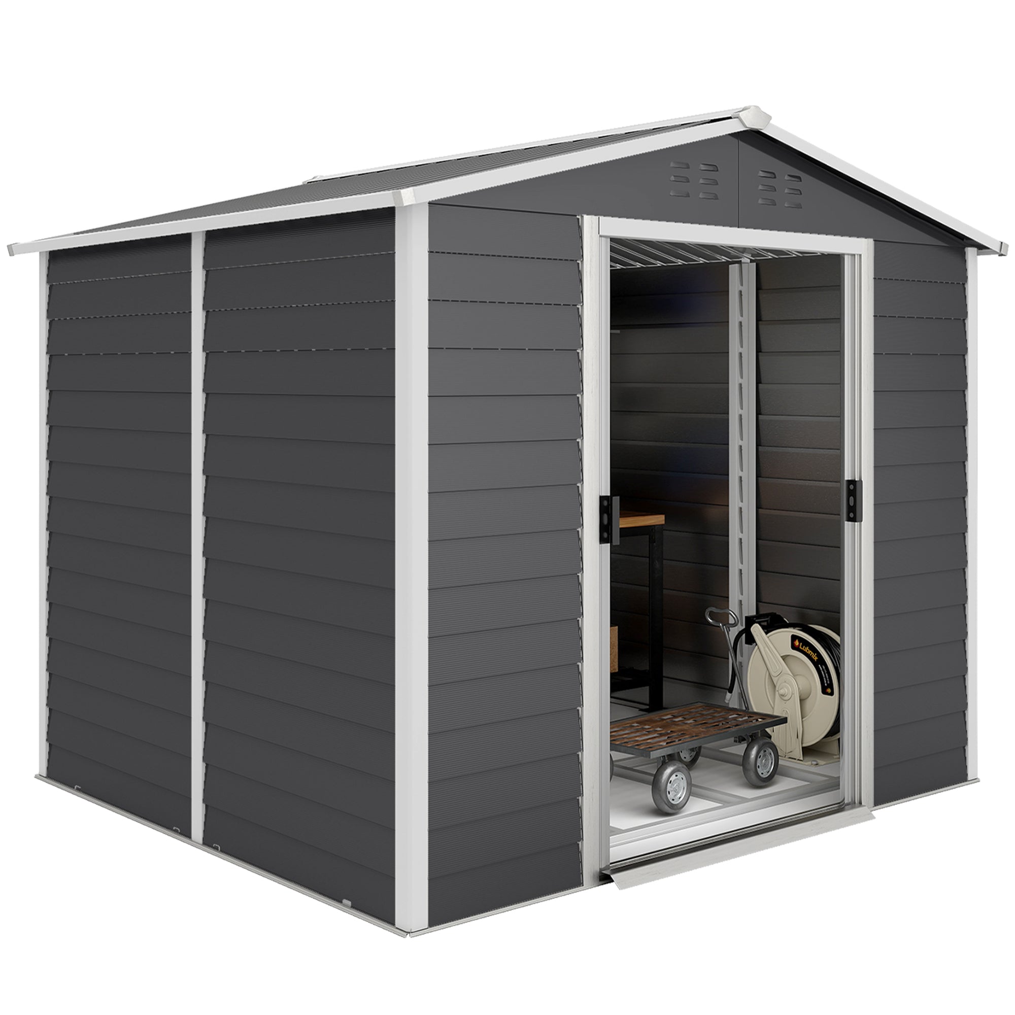8' x 7' Outdoor Storage Shed - Dark Grey Galvanized Metal-Patio & Garden > Lawn & Garden > Sheds-DECOROLALA
