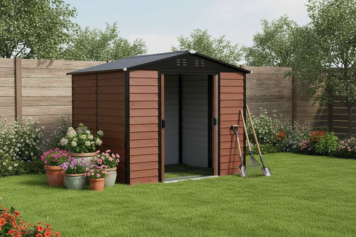 8' x 7' Outdoor Storage Shed - Teak Galvanized Steel Metal-Patio & Garden > Lawn & Garden > Sheds-DECOROLALA
