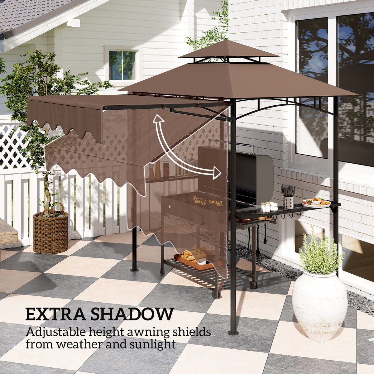 8' x 7.6' Grill Gazebo with Awning and Shelves - Brown-BBQ Grill Gazebos-DECOROLALA