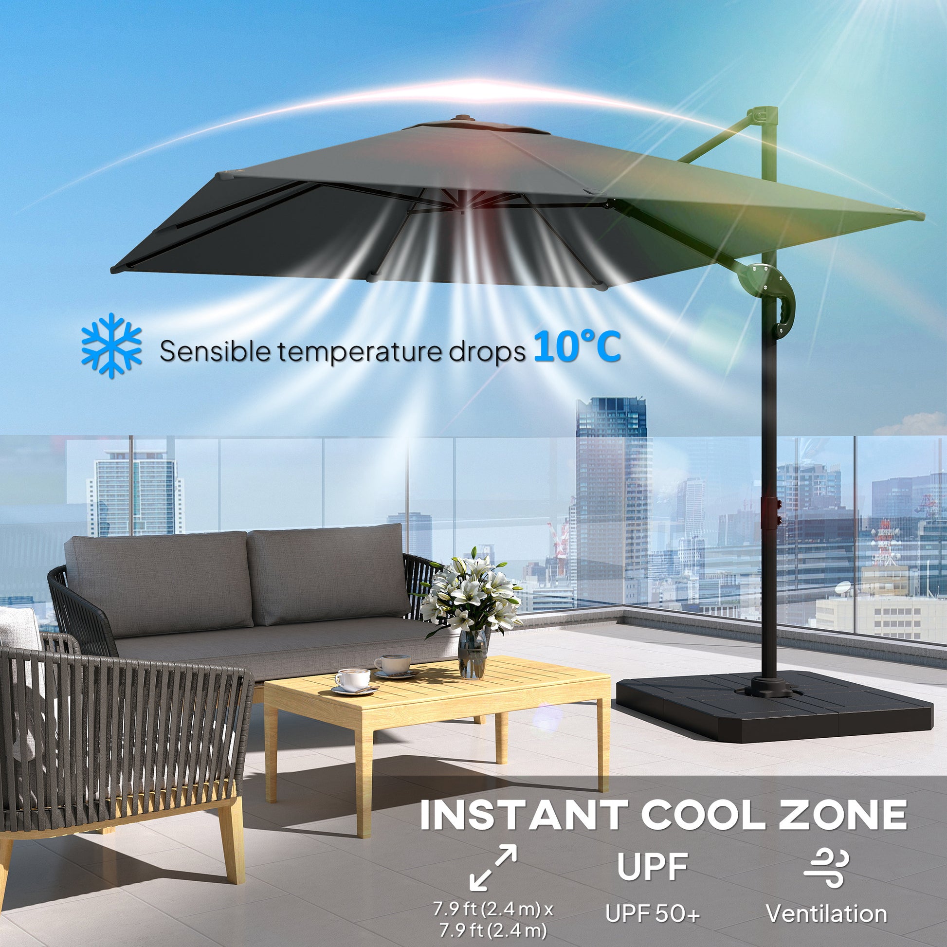 8' x 8' Cantilever Patio Umbrella with Base - Dark Grey-DECOROLALA