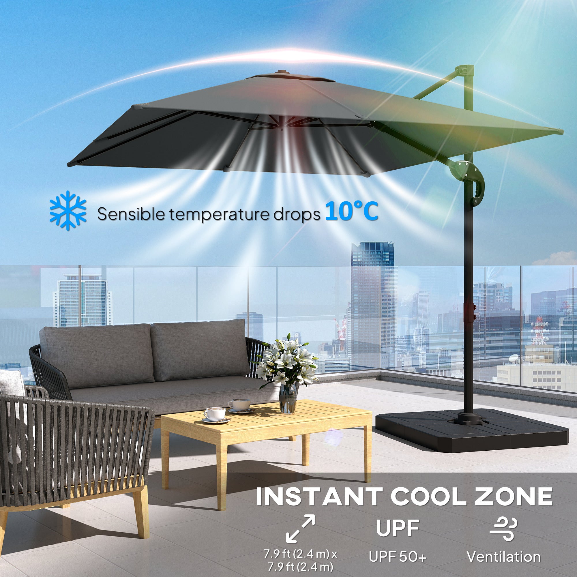 8' x 8' Cantilever Patio Umbrella with Base - Dark Grey-DECOROLALA