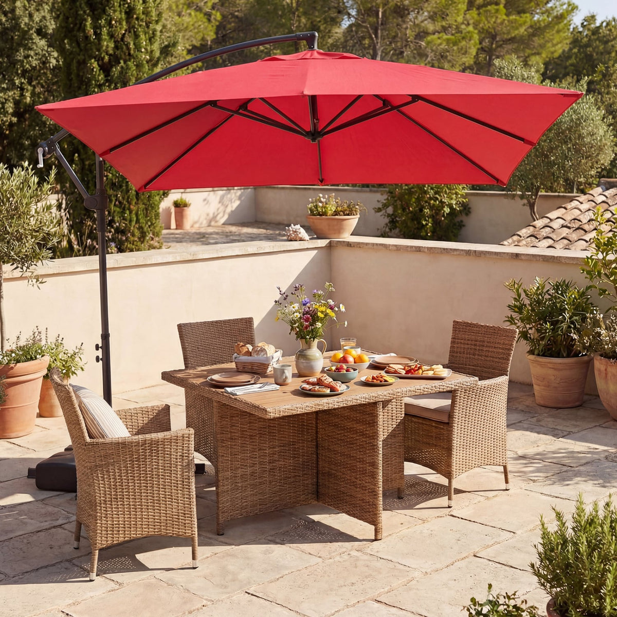 8 x 8 FT Offset Cantilever Patio Umbrella Square Hanging Outdoor Market Umbrella with 360° Rotation-Red-Outdoor Umbrellas-DECOROLALA