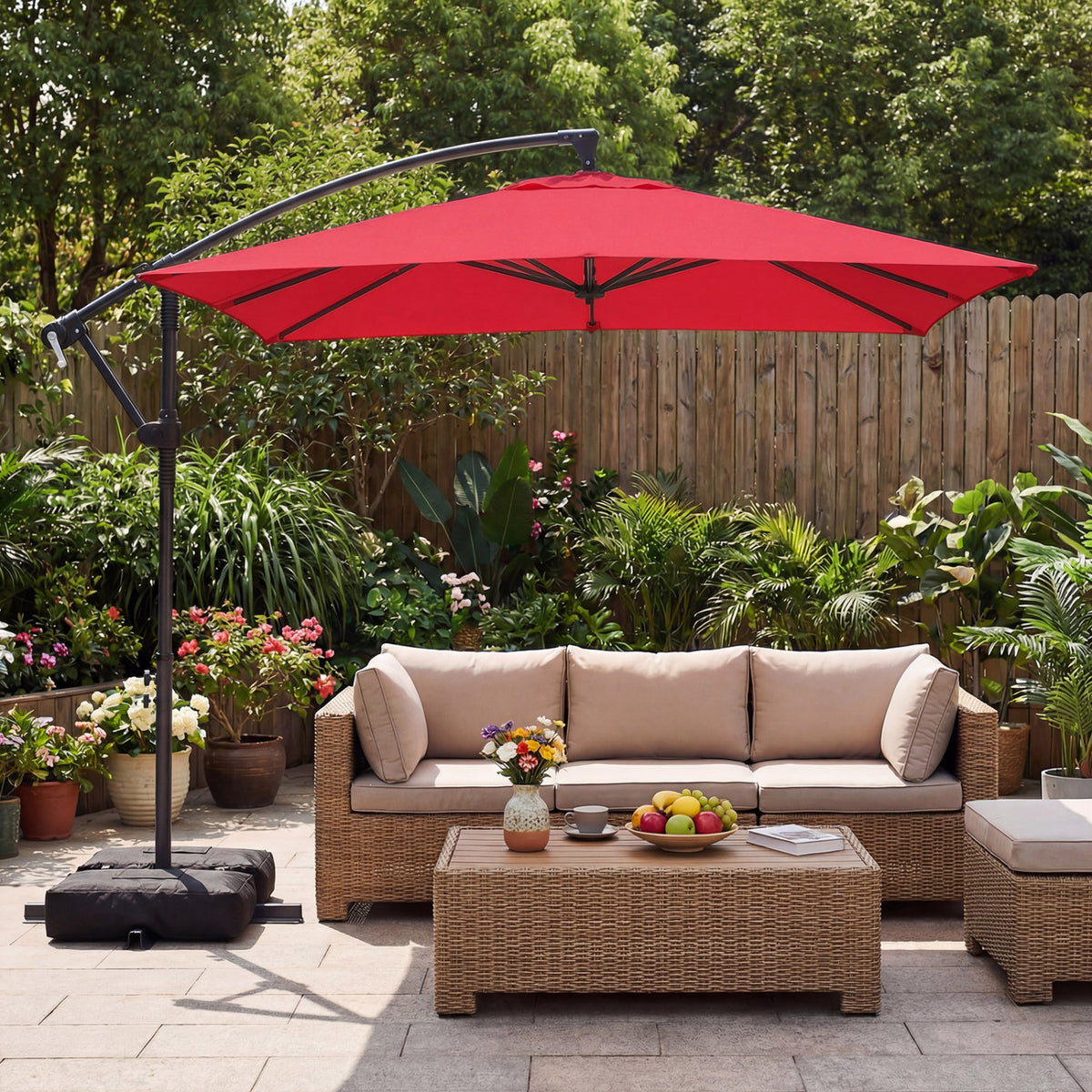 8 x 8 FT Offset Cantilever Patio Umbrella Square Hanging Outdoor Market Umbrella with 360° Rotation-Red-Outdoor Umbrellas-DECOROLALA