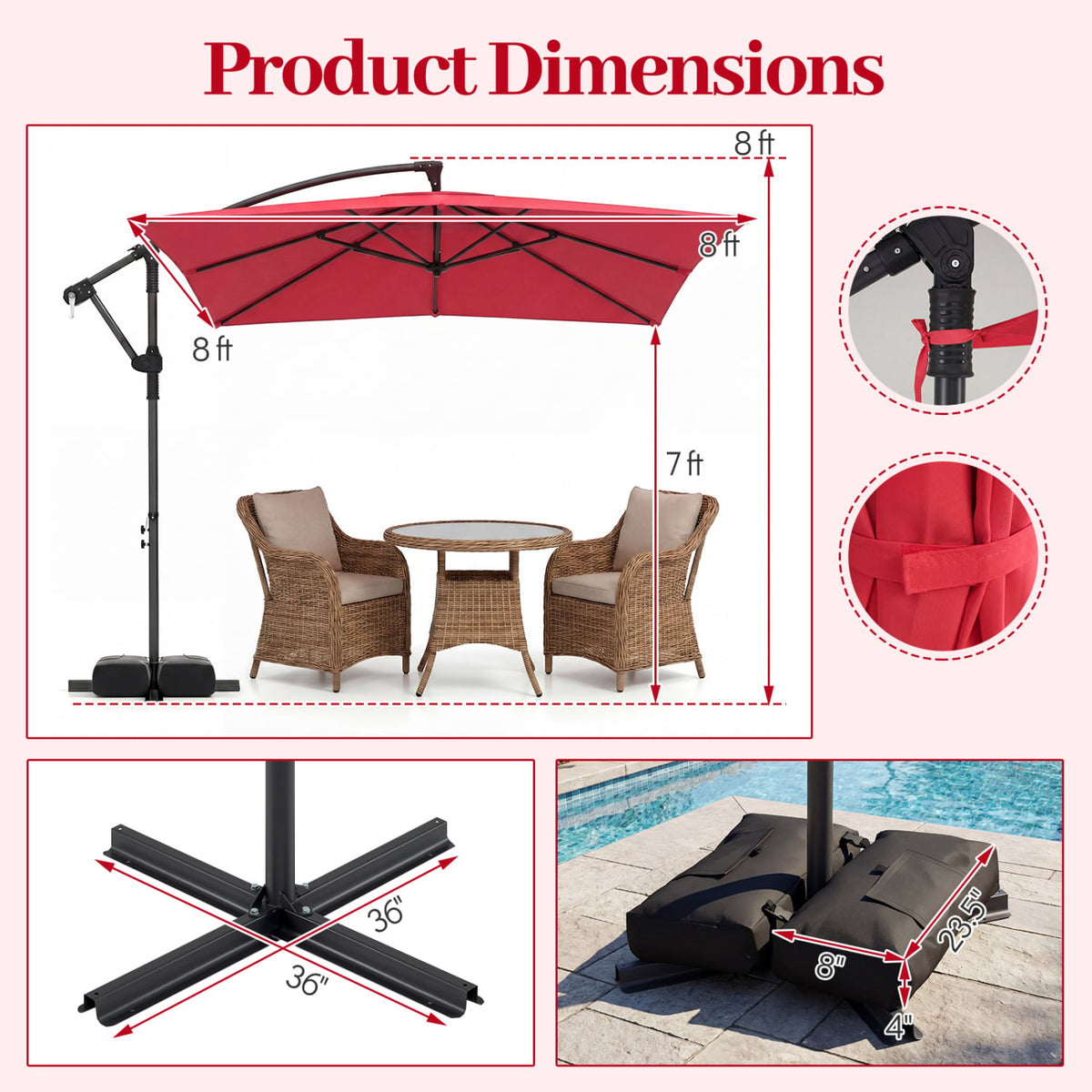 8 x 8 FT Offset Cantilever Patio Umbrella Square Hanging Outdoor Market Umbrella with 360° Rotation-Red-Outdoor Umbrellas-DECOROLALA