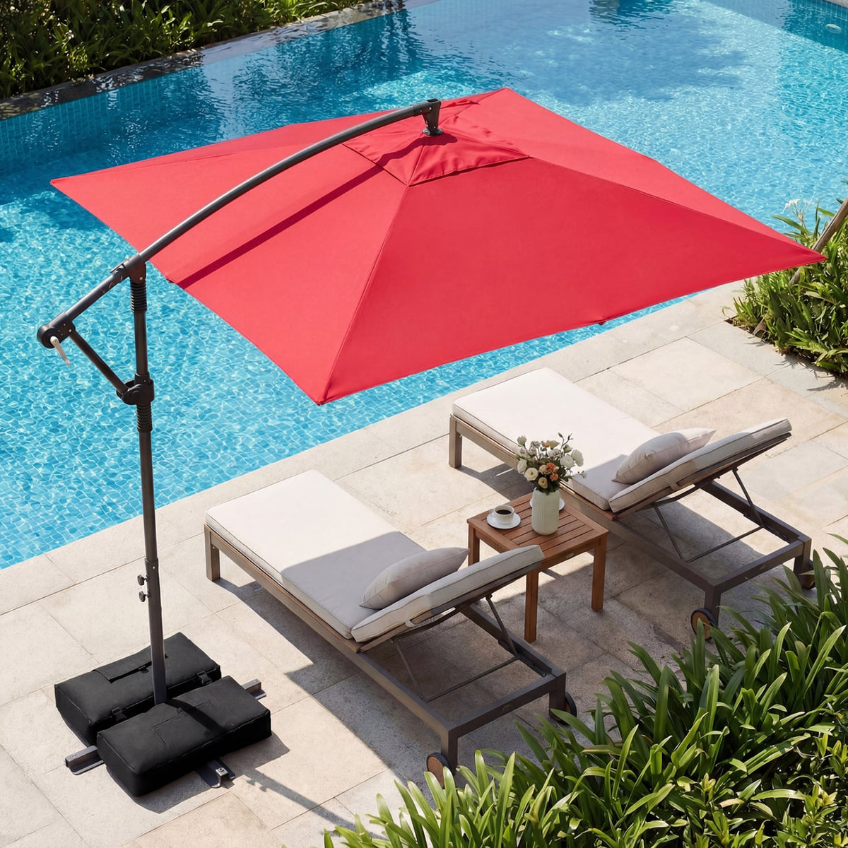 8 x 8 FT Offset Cantilever Patio Umbrella Square Hanging Outdoor Market Umbrella with 360° Rotation-Red-Outdoor Umbrellas-DECOROLALA