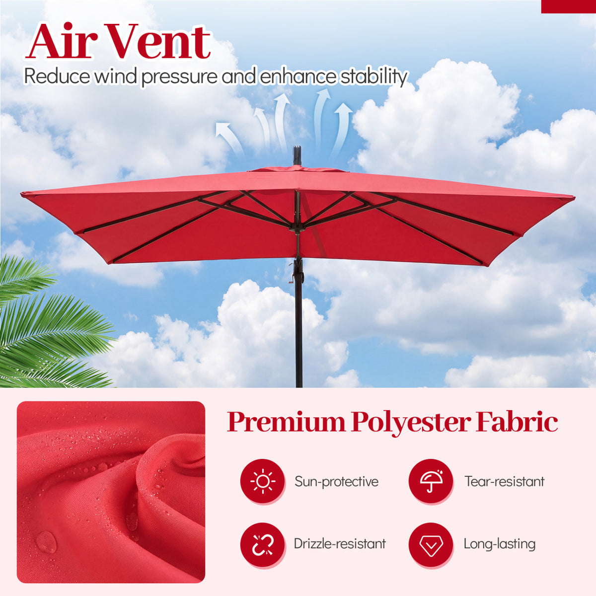 8 x 8 FT Offset Cantilever Patio Umbrella Square Hanging Outdoor Market Umbrella with 360° Rotation-Red-Outdoor Umbrellas-DECOROLALA