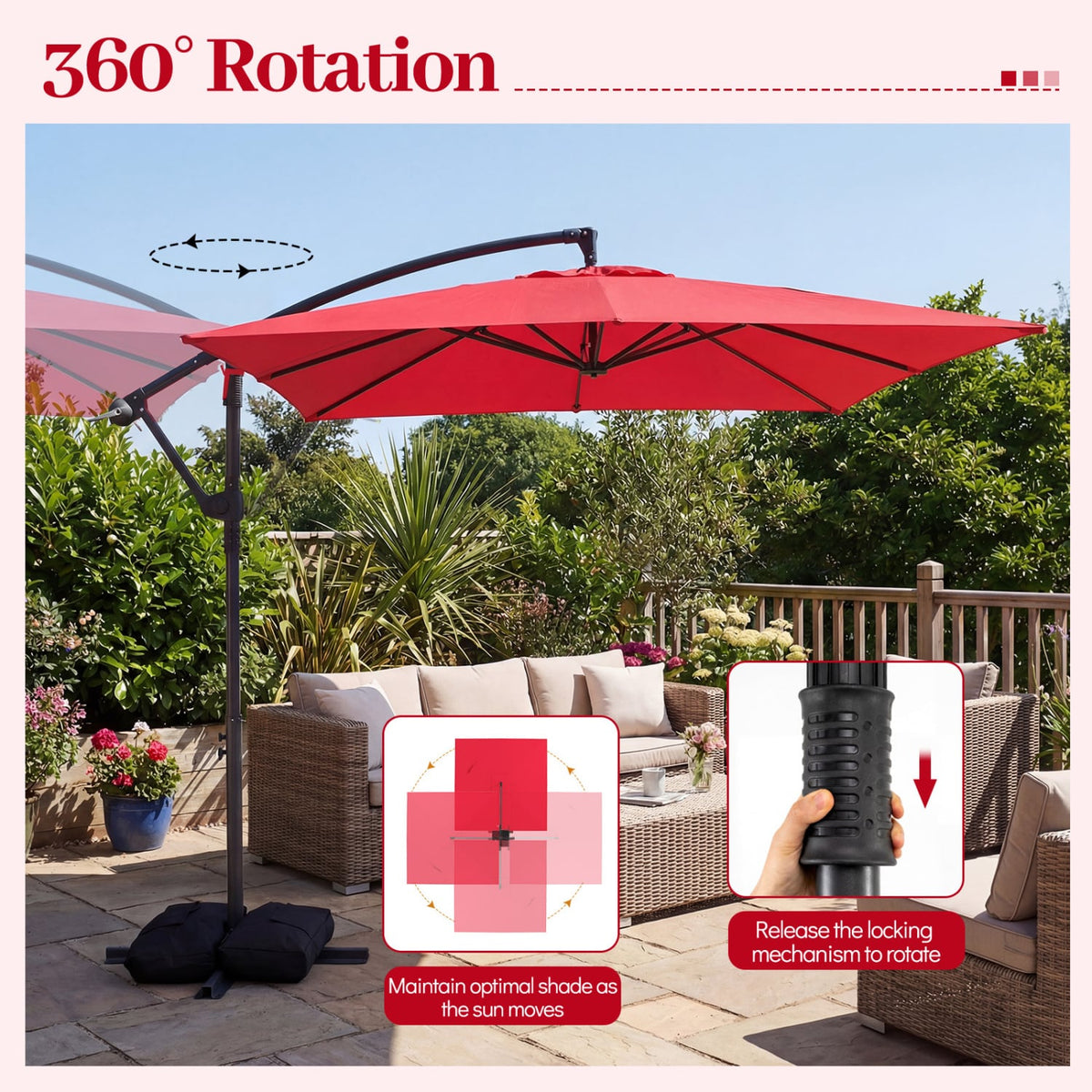 8 x 8 FT Offset Cantilever Patio Umbrella Square Hanging Outdoor Market Umbrella with 360° Rotation-Red-Outdoor Umbrellas-DECOROLALA