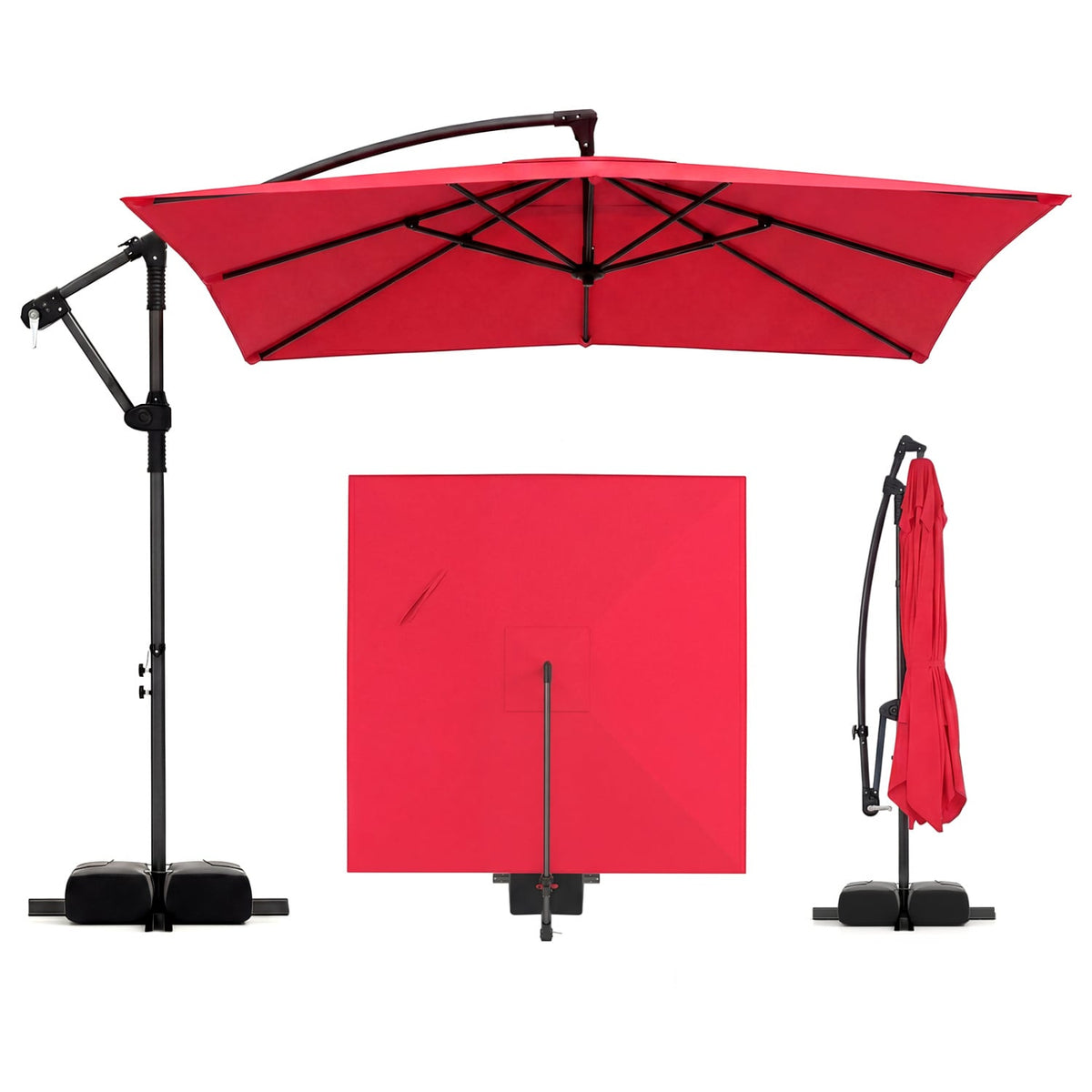 8 x 8 FT Offset Cantilever Patio Umbrella Square Hanging Outdoor Market Umbrella with 360° Rotation-Red-Outdoor Umbrellas-DECOROLALA