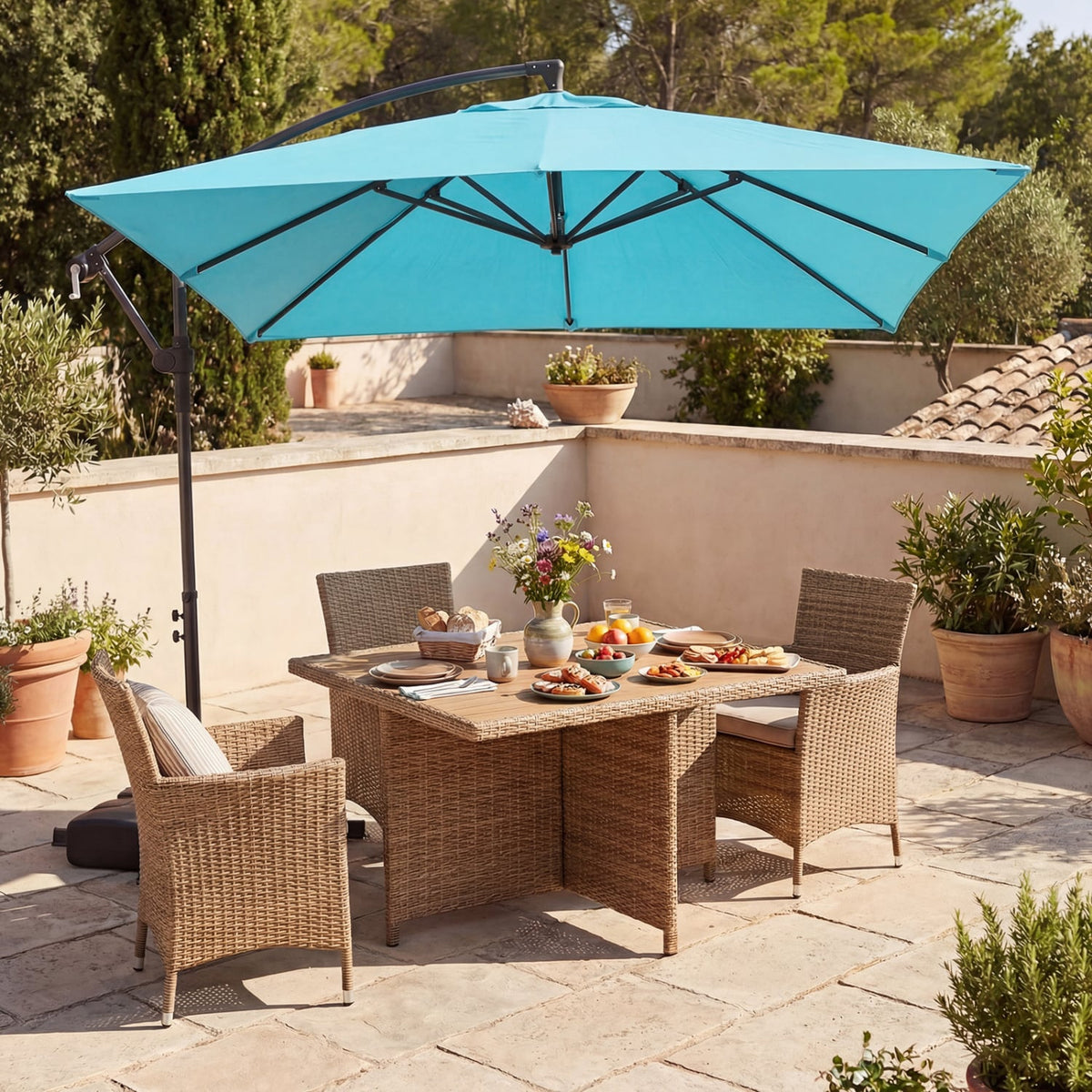 8 x 8 FT Offset Cantilever Patio Umbrella Square Hanging Outdoor Market Umbrella with 360° Rotation-Turquoise-Outdoor Umbrellas-DECOROLALA