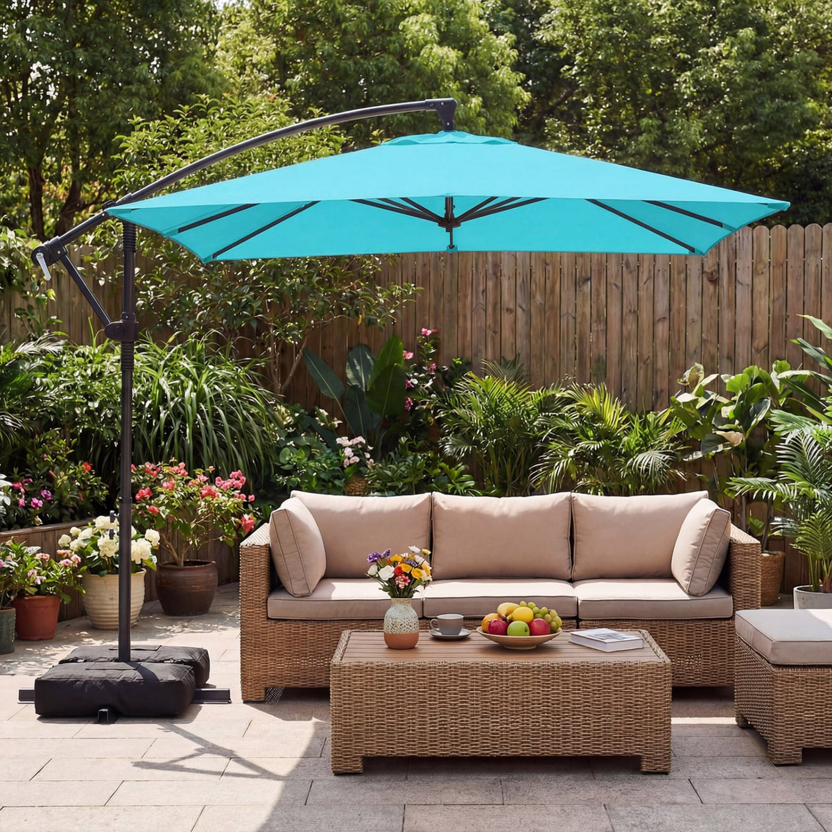 8 x 8 FT Offset Cantilever Patio Umbrella Square Hanging Outdoor Market Umbrella with 360° Rotation-Turquoise-Outdoor Umbrellas-DECOROLALA