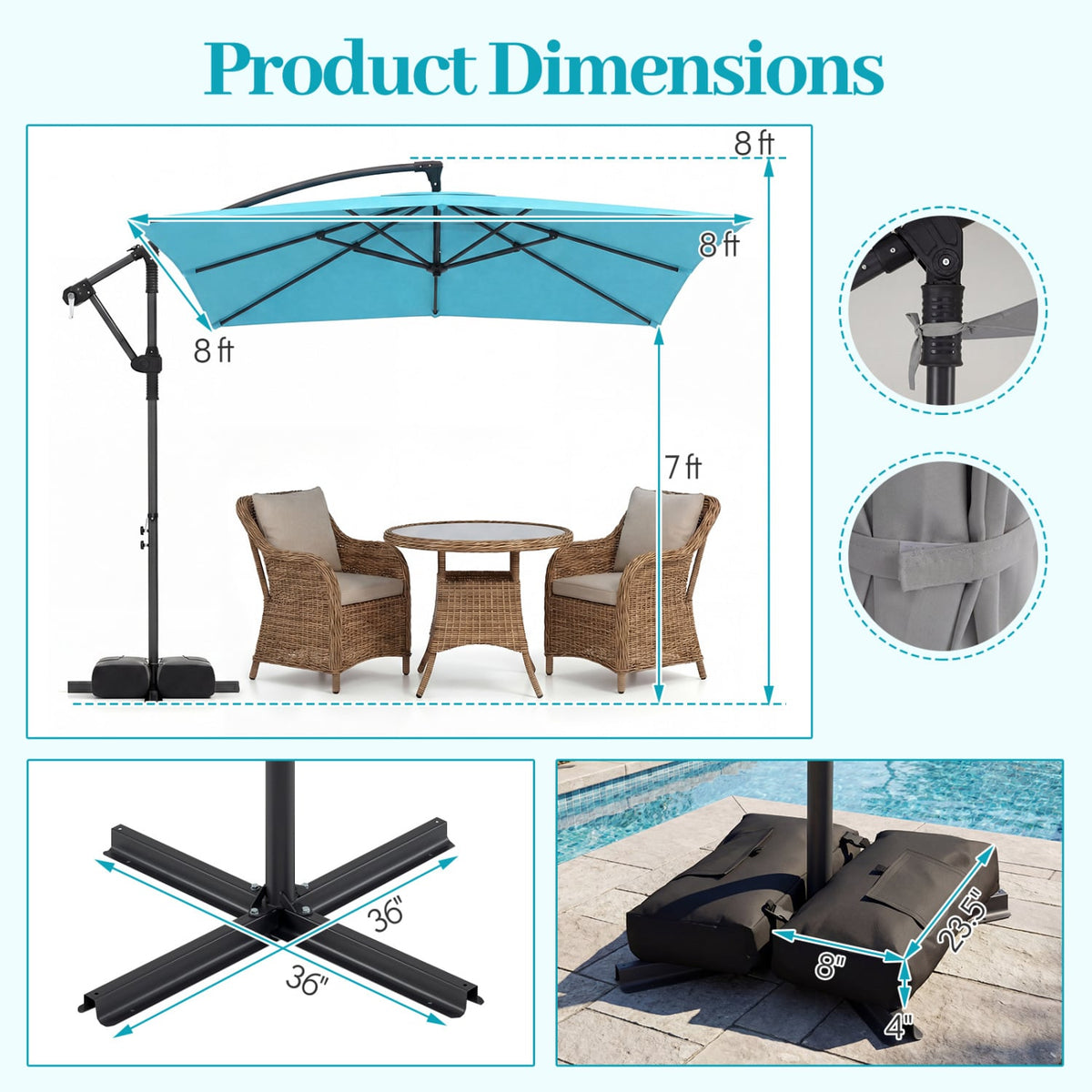8 x 8 FT Offset Cantilever Patio Umbrella Square Hanging Outdoor Market Umbrella with 360° Rotation-Turquoise-Outdoor Umbrellas-DECOROLALA