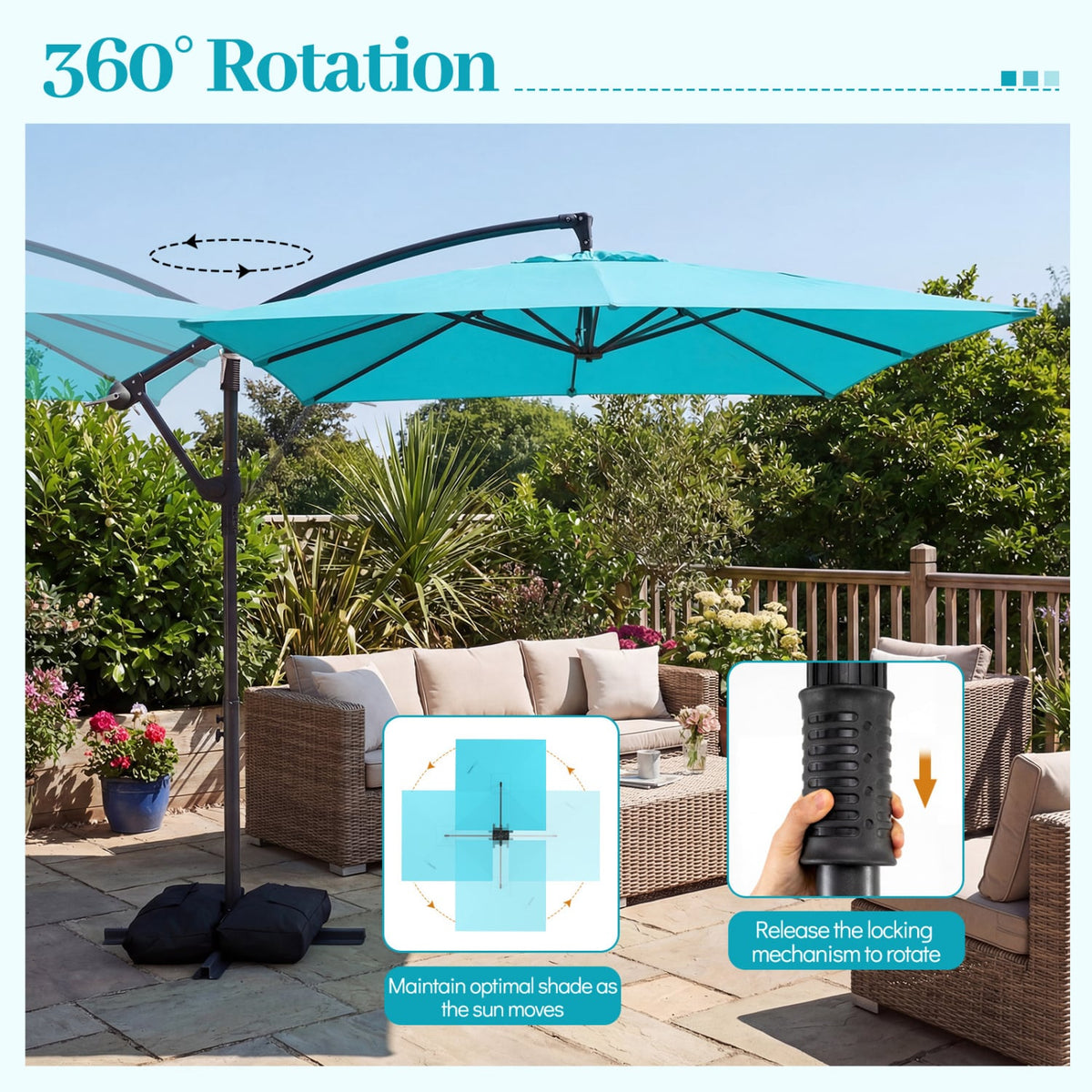 8 x 8 FT Offset Cantilever Patio Umbrella Square Hanging Outdoor Market Umbrella with 360° Rotation-Turquoise-Outdoor Umbrellas-DECOROLALA