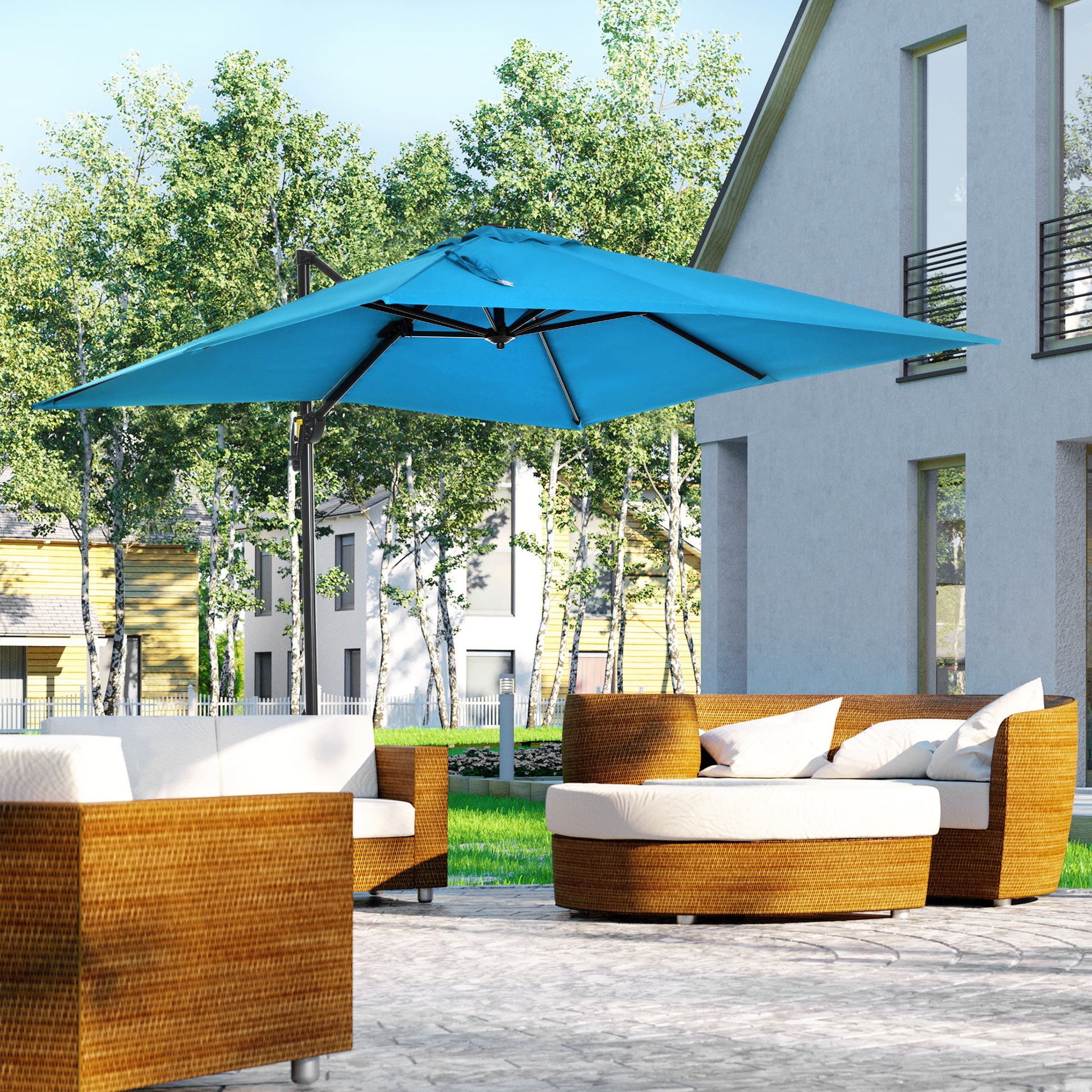 8' x 8' Patio Umbrella, Turquoise, Aluminum Cantilever Shade-DECOROLALA