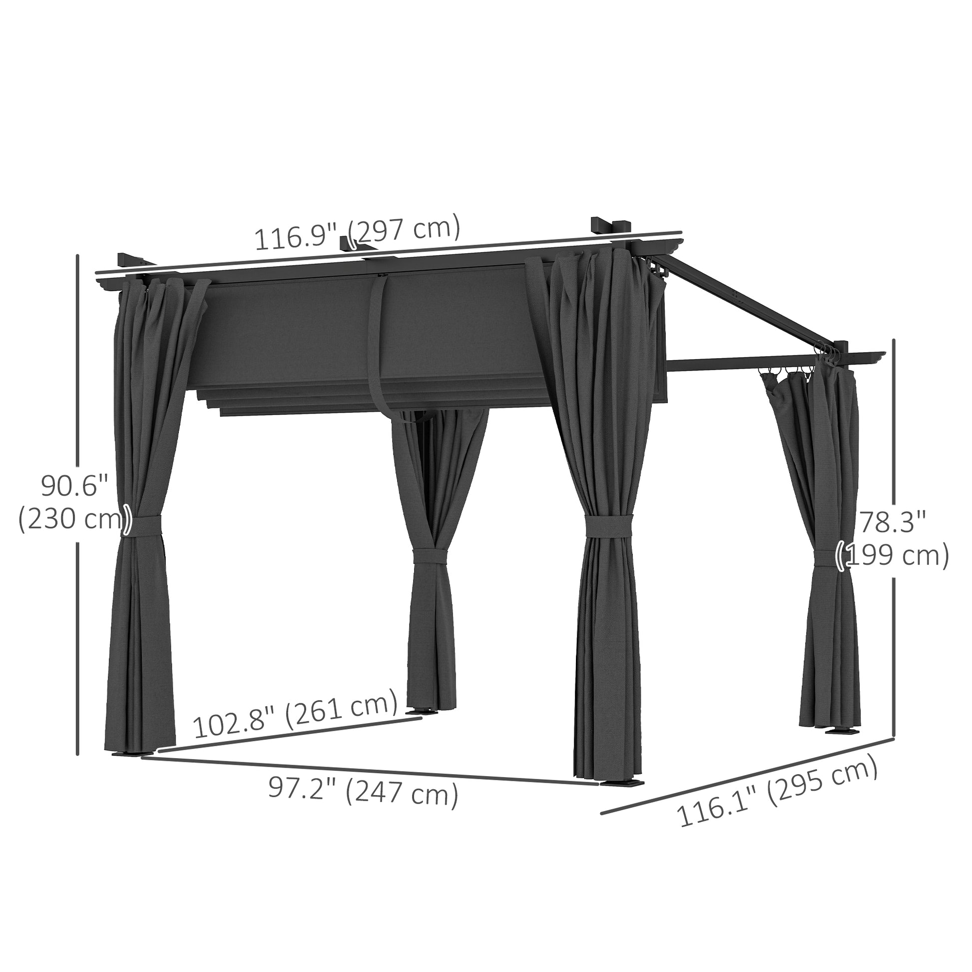 8' x 8.5' Metal Retractable Pergola with Sidewalls - Dark Grey-DECOROLALA