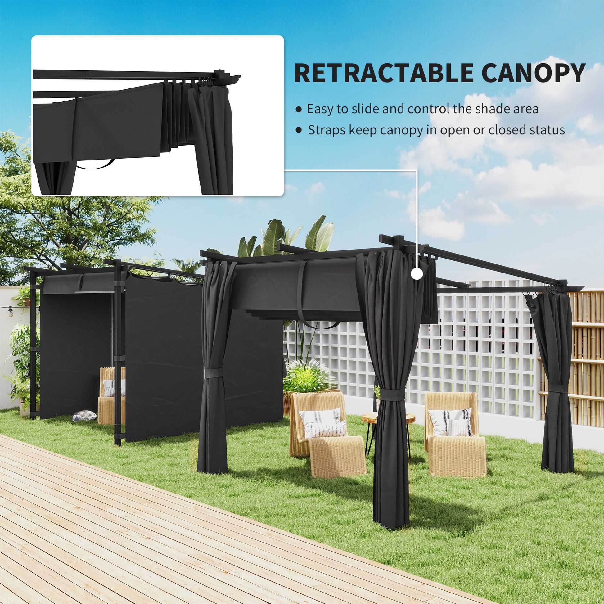 8' x 8.5' Metal Retractable Pergola with Sidewalls - Dark Grey-DECOROLALA