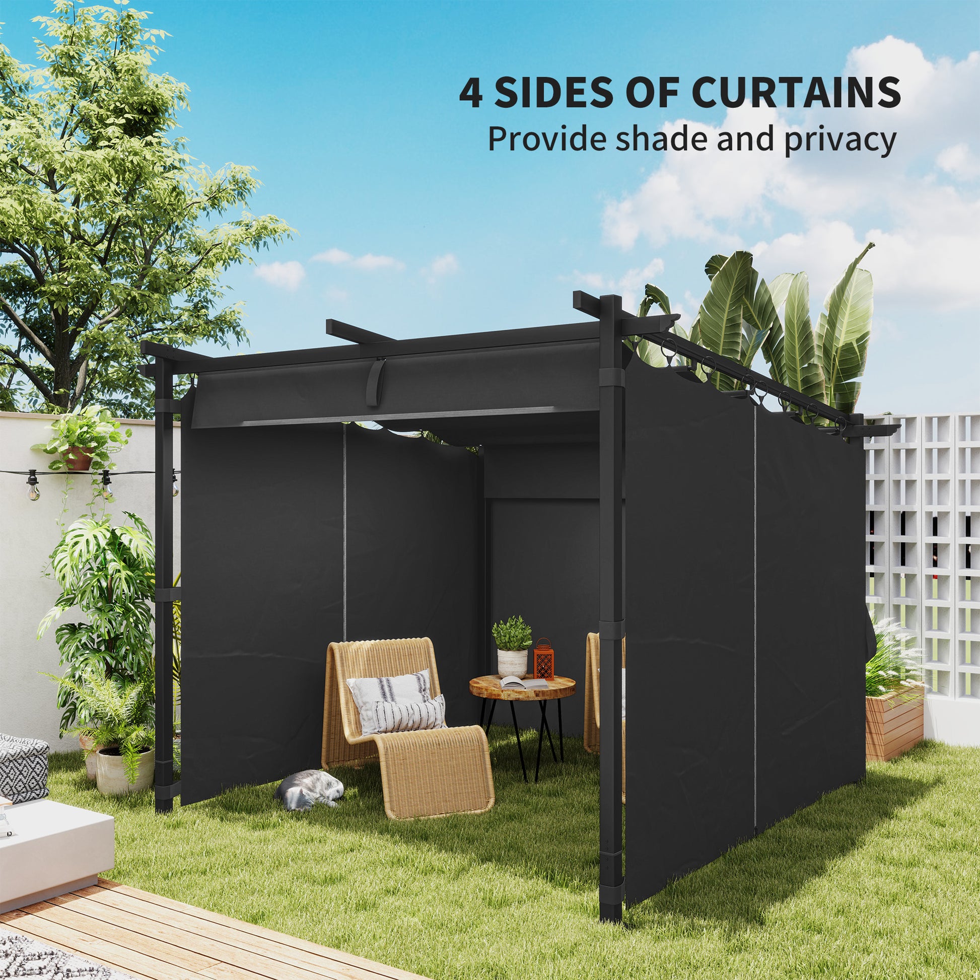 8' x 8.5' Metal Retractable Pergola with Sidewalls - Dark Grey-DECOROLALA