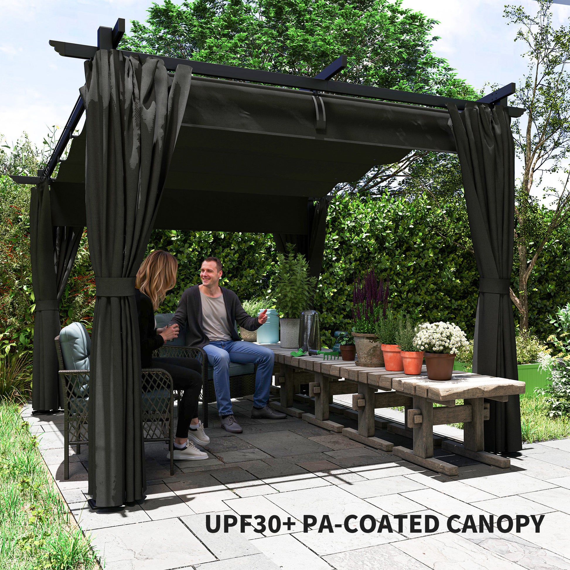 8' x 8.5' Metal Retractable Pergola with Sidewalls - Dark Grey-DECOROLALA