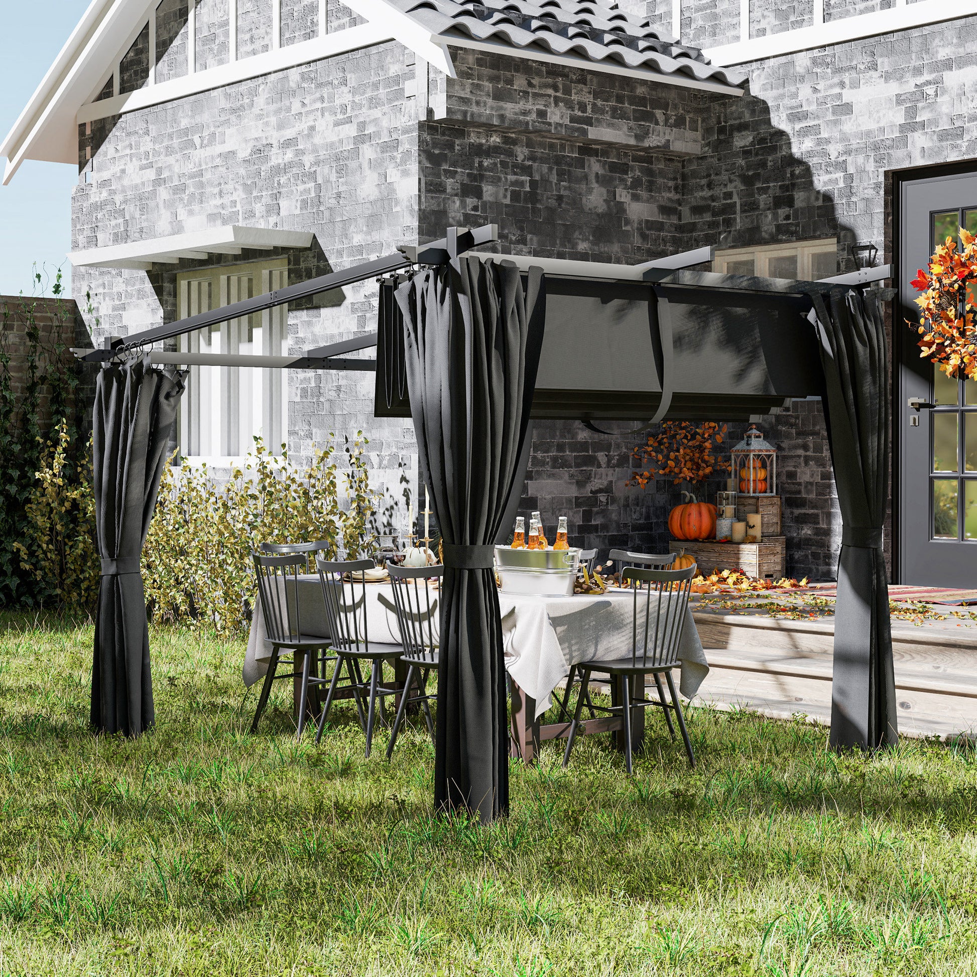 8' x 8.5' Metal Retractable Pergola with Sidewalls - Dark Grey-DECOROLALA