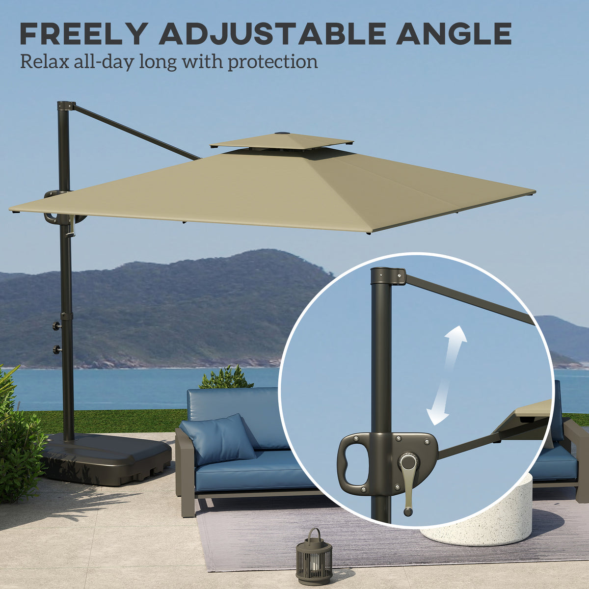 8' x 9' Patio Umbrella, Light Grey, Tilt & Crank Offset Cantilever-Cantilever Umbrellas-DECOROLALA