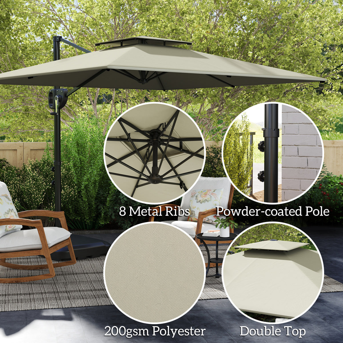 8' x 9' Patio Umbrella, Light Grey, Tilt & Crank Offset Cantilever-Cantilever Umbrellas-DECOROLALA