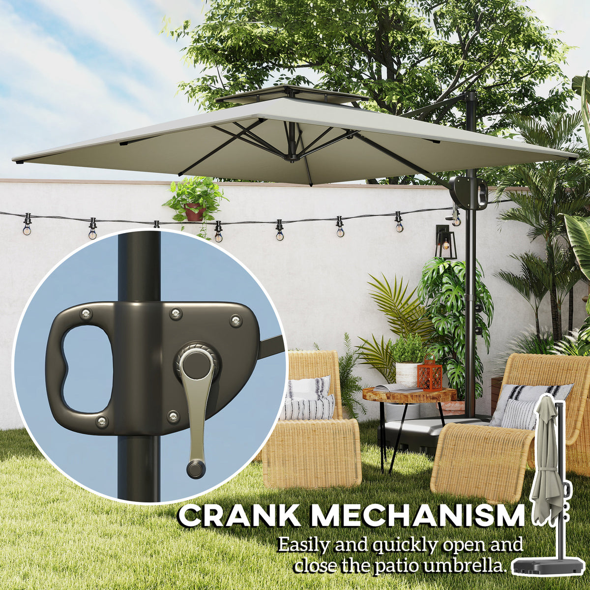 8' x 9' Patio Umbrella, Light Grey, Tilt & Crank Offset Cantilever-Cantilever Umbrellas-DECOROLALA