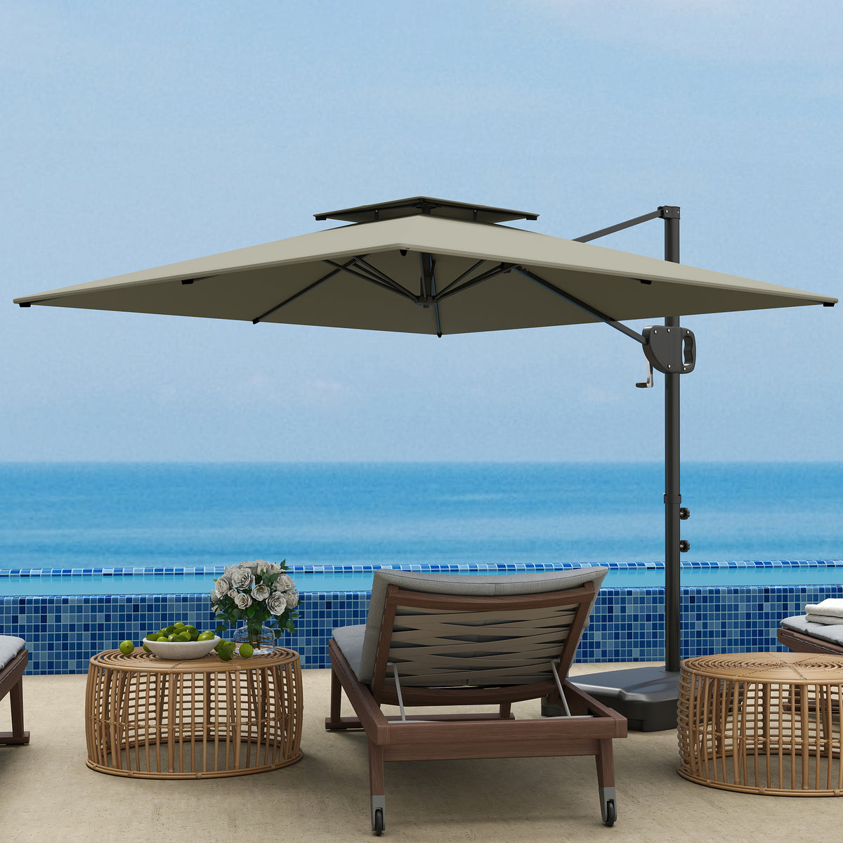 8' x 9' Patio Umbrella, Light Grey, Tilt & Crank Offset Cantilever-Cantilever Umbrellas-DECOROLALA