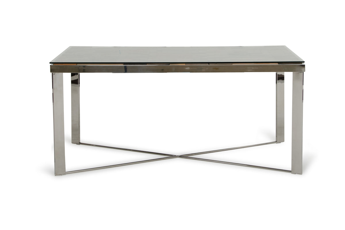 80" Clear And Silver Solid Wood And Stainless Steel Trestle Base Dining Table-Dining Tables-DECOROLALA