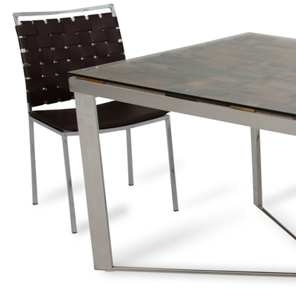 80" Clear And Silver Solid Wood And Stainless Steel Trestle Base Dining Table-Dining Tables-DECOROLALA