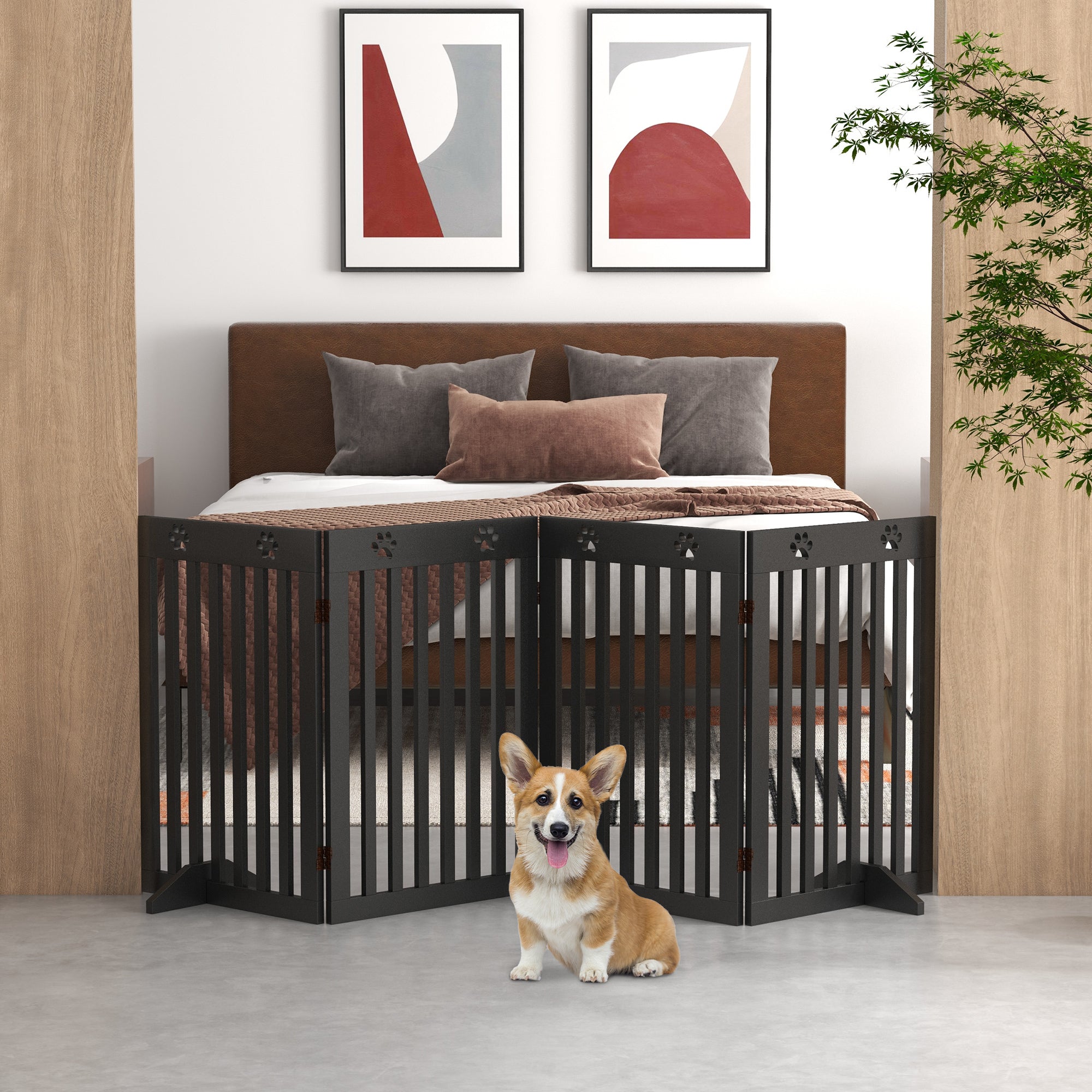 80" Extra Wide Freestanding Pet Gate - 4-Panel Folding MDF Black-Dogs-DECOROLALA