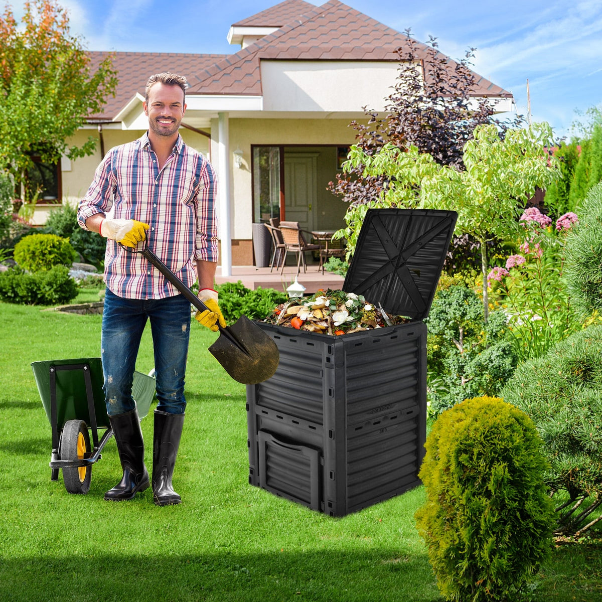 80-Gallon Outdoor Composter with Large Openable Lid and Bottom Exit Door-Black-Garden Tools-DECOROLALA