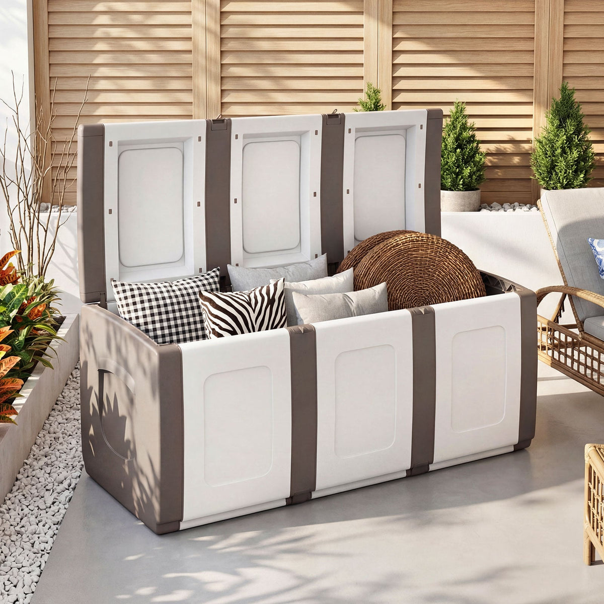 80 Gallon Patio Container with Lockable Lid for Packages and Garden-Beige-Sheds & Outdoor Storage-DECOROLALA